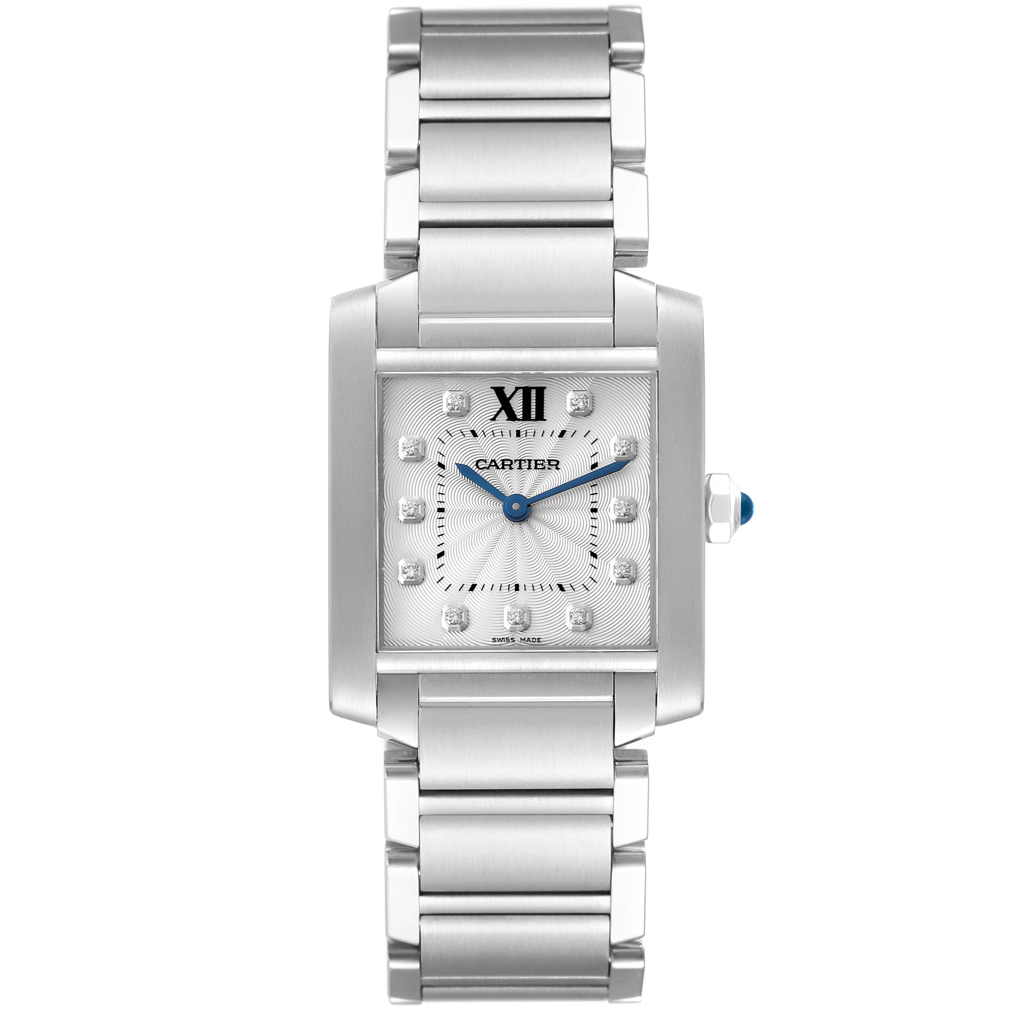 The image shows a front view of the Cartier Tank Francaise WE110007 Women's Stainless Steel Silver Dial WE110007 Women's Stainless Steel Silver Dial watch, highlighting its rectangular face, bracelet, and blue hands.