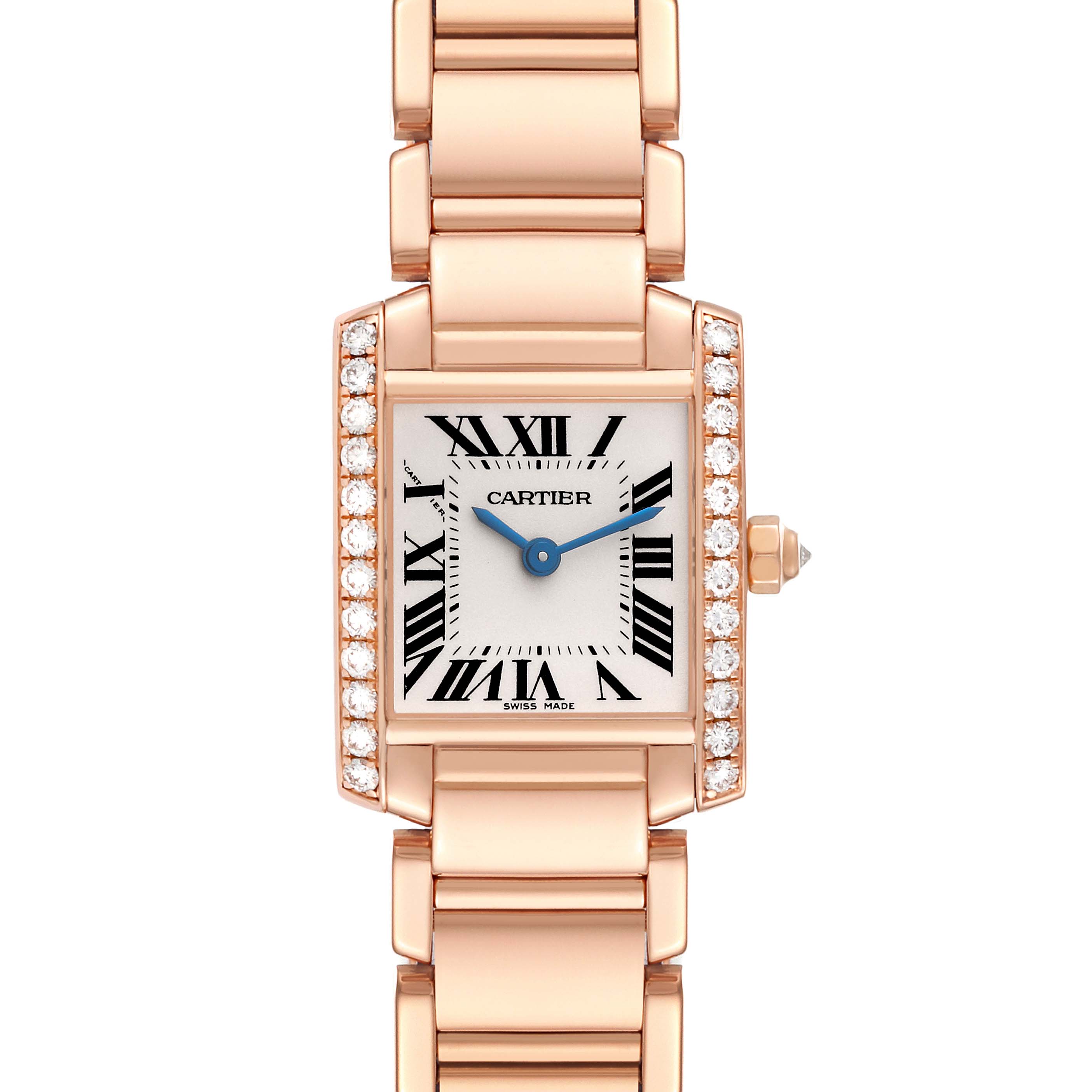 The image shows a frontal view of the Cartier Tank Française watch, highlighting its rectangular case, blue hands, Roman numerals, and bracelet.