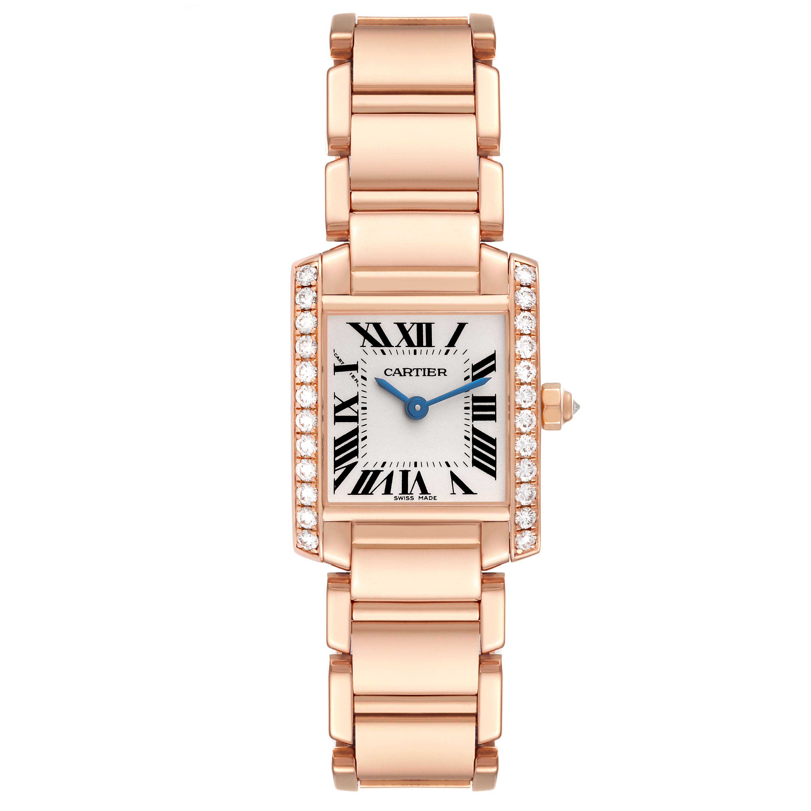 The Cartier Tank Française watch is shown from a top-down angle, displaying its rectangular face and metal bracelet.