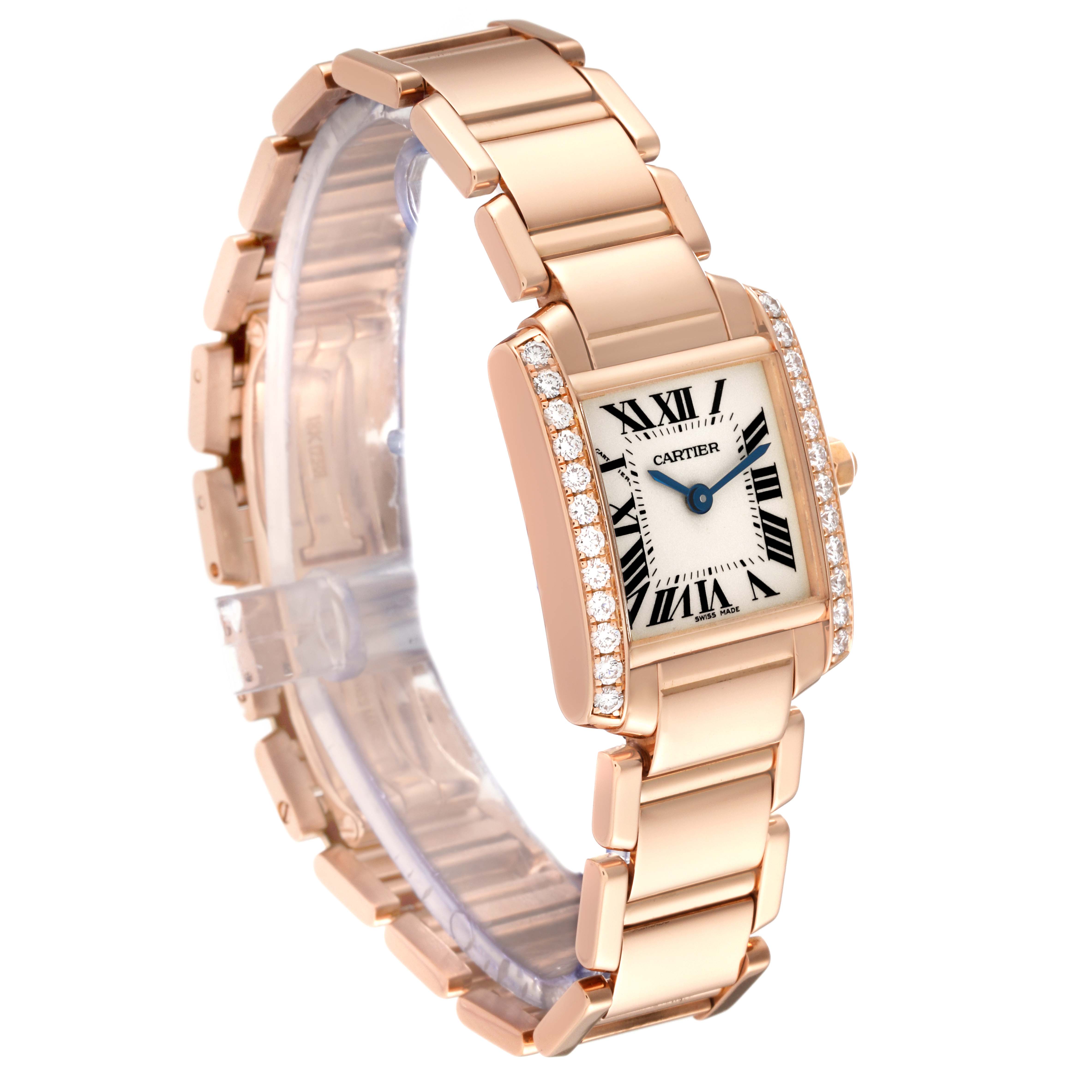 The image shows a Cartier Tank Francaise WE10456H Women's Rose Gold Silver Dial WE10456H Women's Rose Gold Silver Dial watch at an oblique angle, highlighting its bracelet, bezel, and dial with Roman numeral markers.