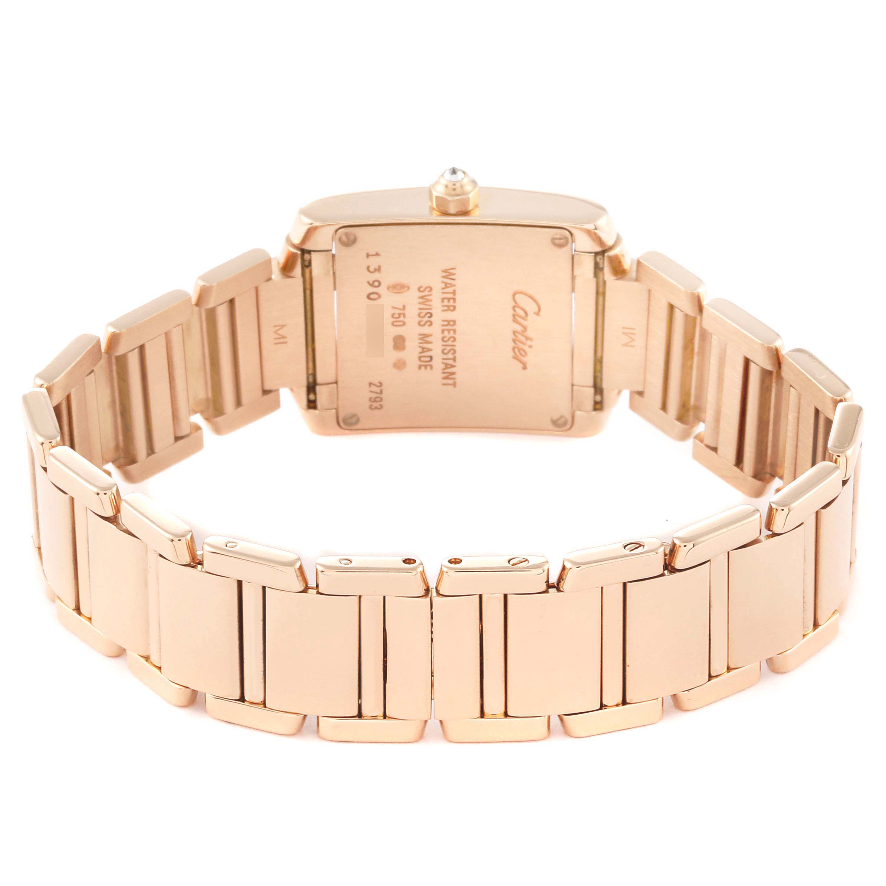The image shows the back view of the Tank Française by Cartier, highlighting the bracelet and case back.