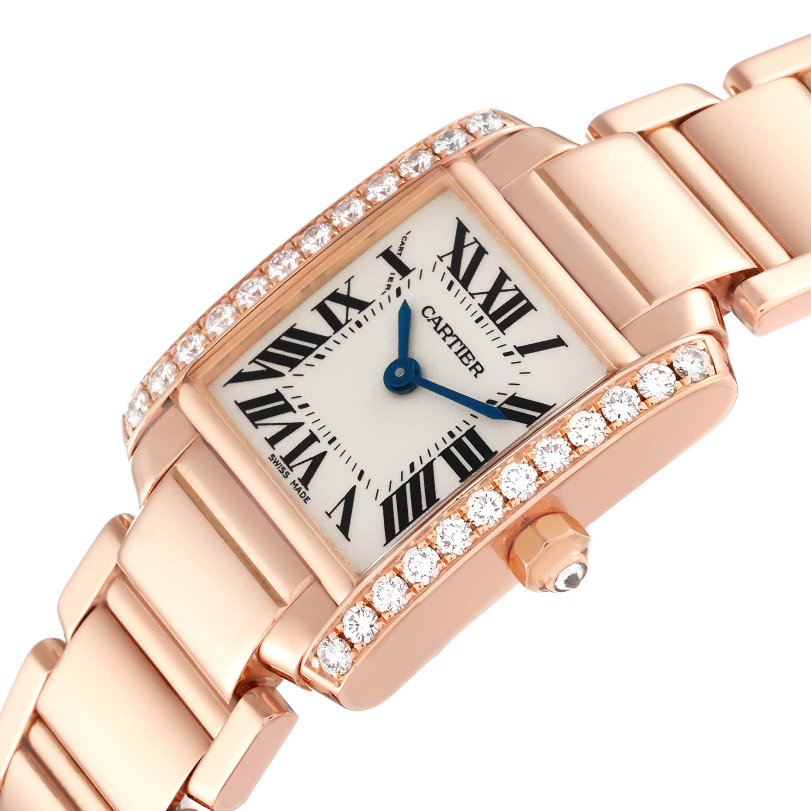 The image shows a close-up angle of the Cartier Tank Française watch, highlighting its dial, bracelet, and diamond-studded bezel.