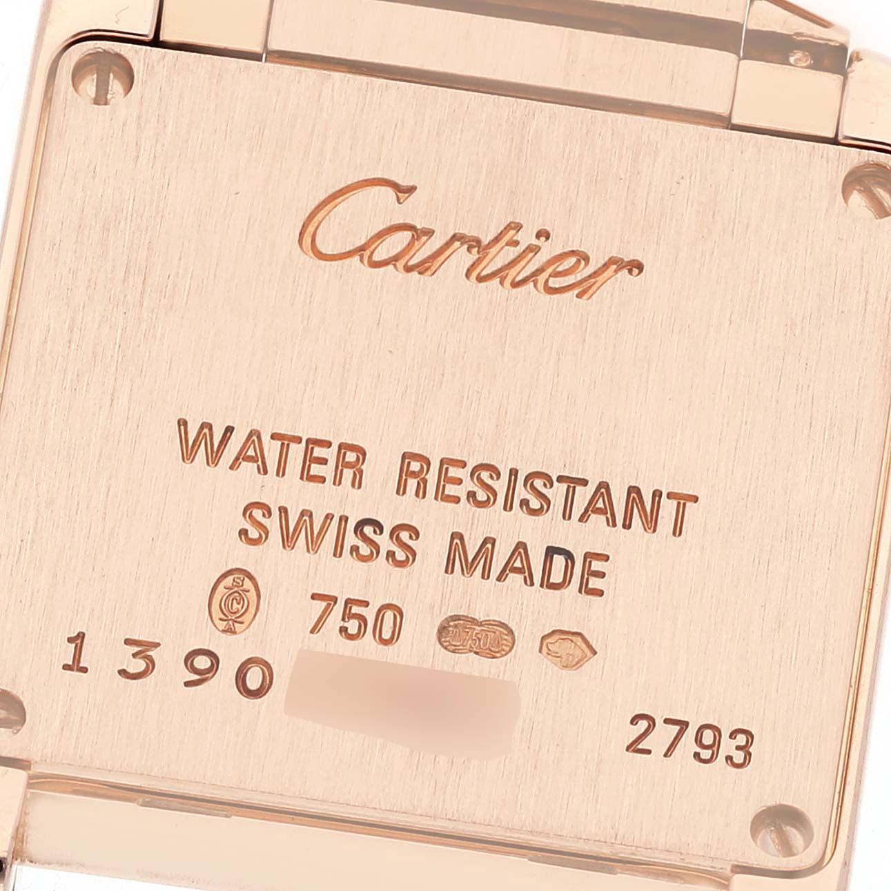 The image shows the back case of a Cartier Tank Française watch, highlighting its engraving and water resistance information.