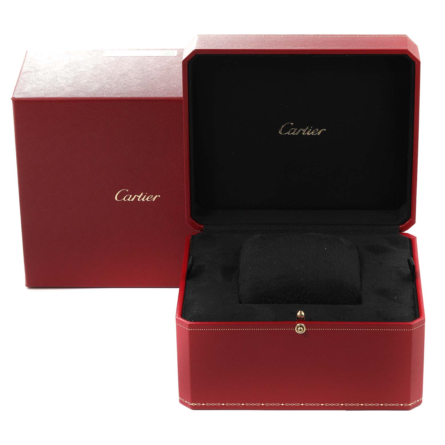 The image shows an empty red Cartier Tank Francaise WE10456H Women's Rose Gold Silver Dial WE10456H Women's Rose Gold Silver Dial watch box with its lid open, displaying the interior cushion.