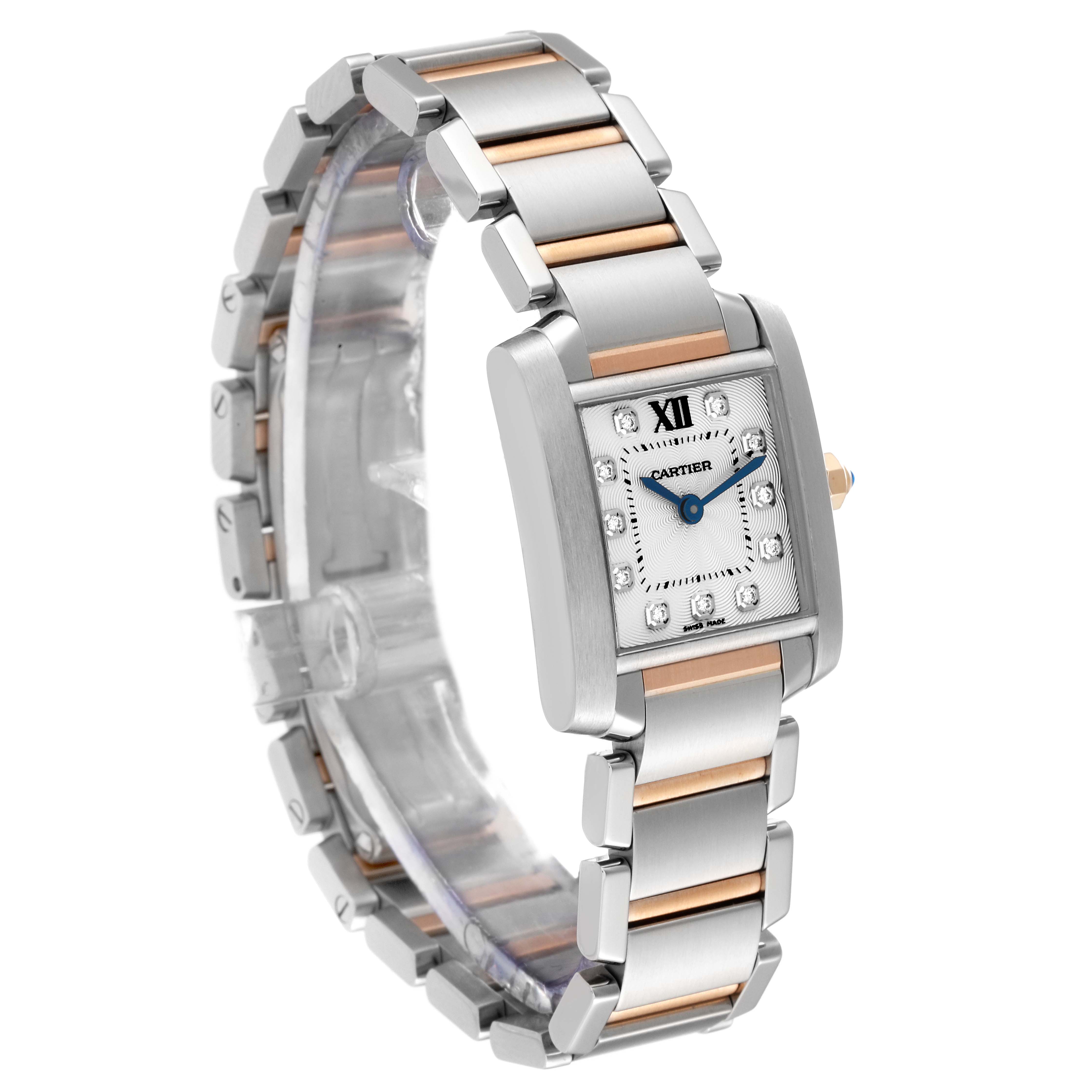 The image shows a Cartier Tank Francaise WE110004 Women
s Steel and Gold (two tone) Silver Dial WE110004 Women
s Steel and Gold (two tone) Silver Dial watch from an angled side perspective, highlighting its face and two-tone metal bracelet.