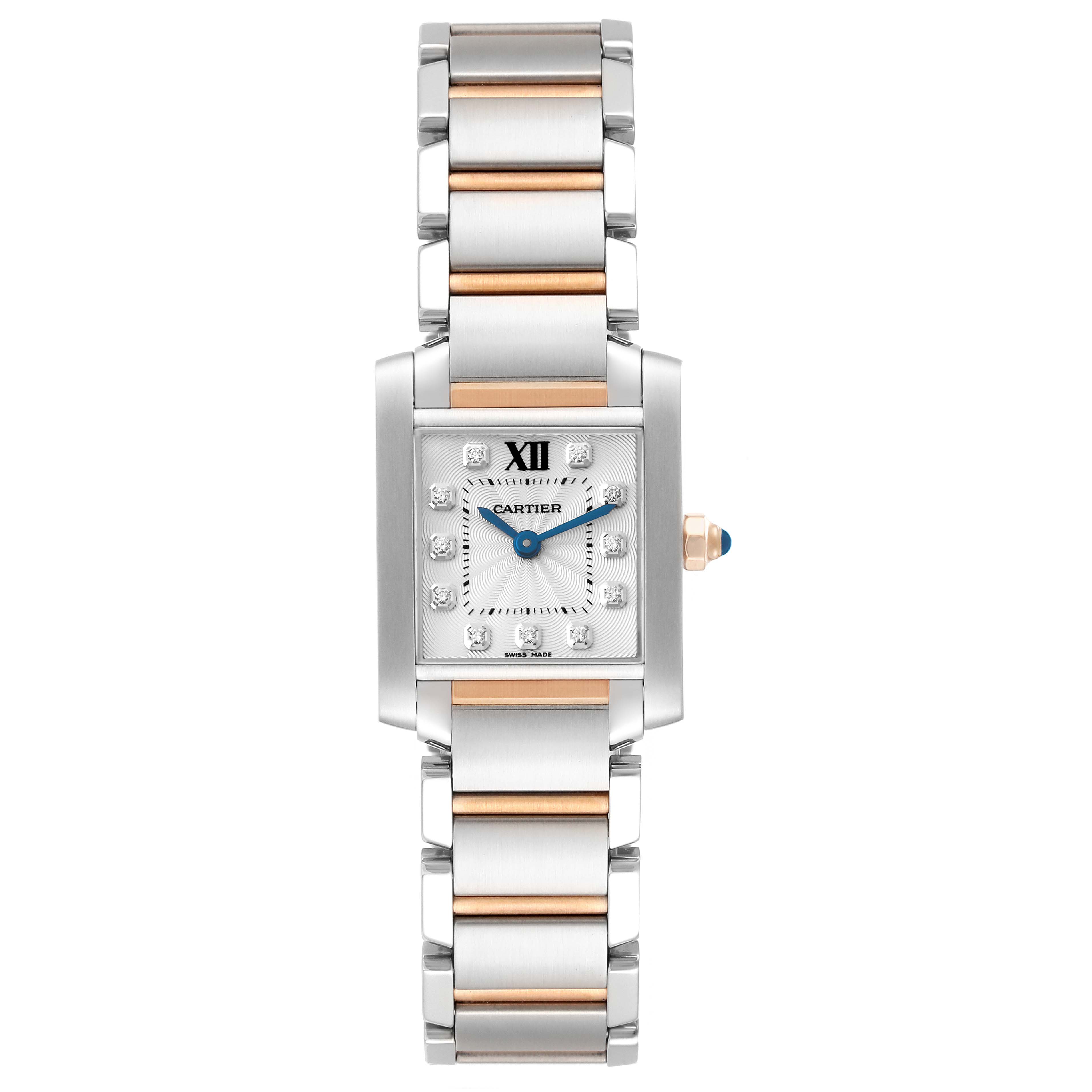 Brand and model: Cartier Tank Française. Features: front view, stainless steel and gold bracelet, silver rectangular dial with blue hands.