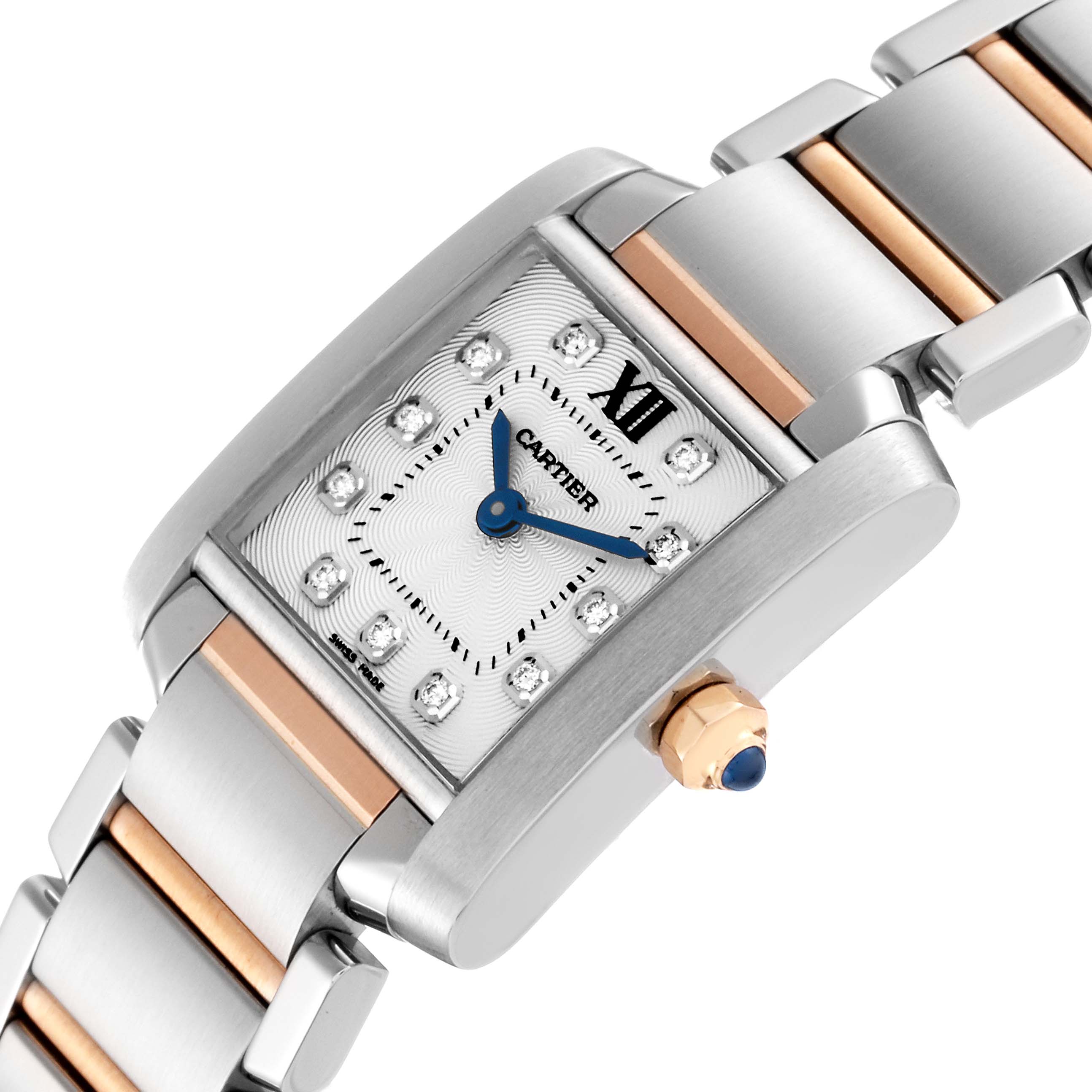 The Cartier Tank Francaise WE110004 Women
s Steel and Gold (two tone) Silver Dial WE110004 Women
s Steel and Gold (two tone) Silver Dial watch is shown at an angle highlighting its face, blue hands, and part of the metal strap.