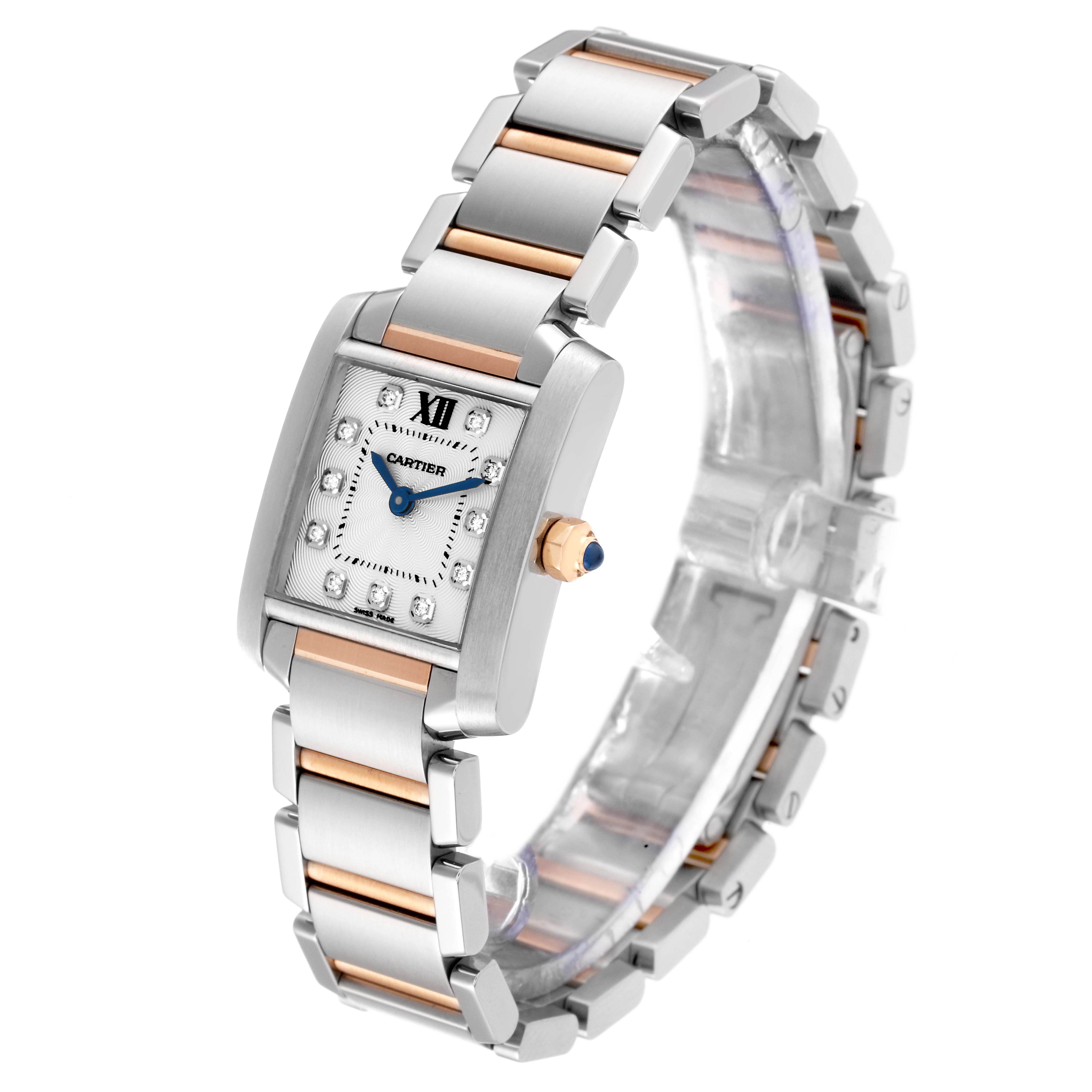 The image shows a Cartier Tank Francaise WE110004 Women
s Steel and Gold (two tone) Silver Dial WE110004 Women
s Steel and Gold (two tone) Silver Dial watch angled slightly to the left, highlighting the face, bezel, and two-tone bracelet.