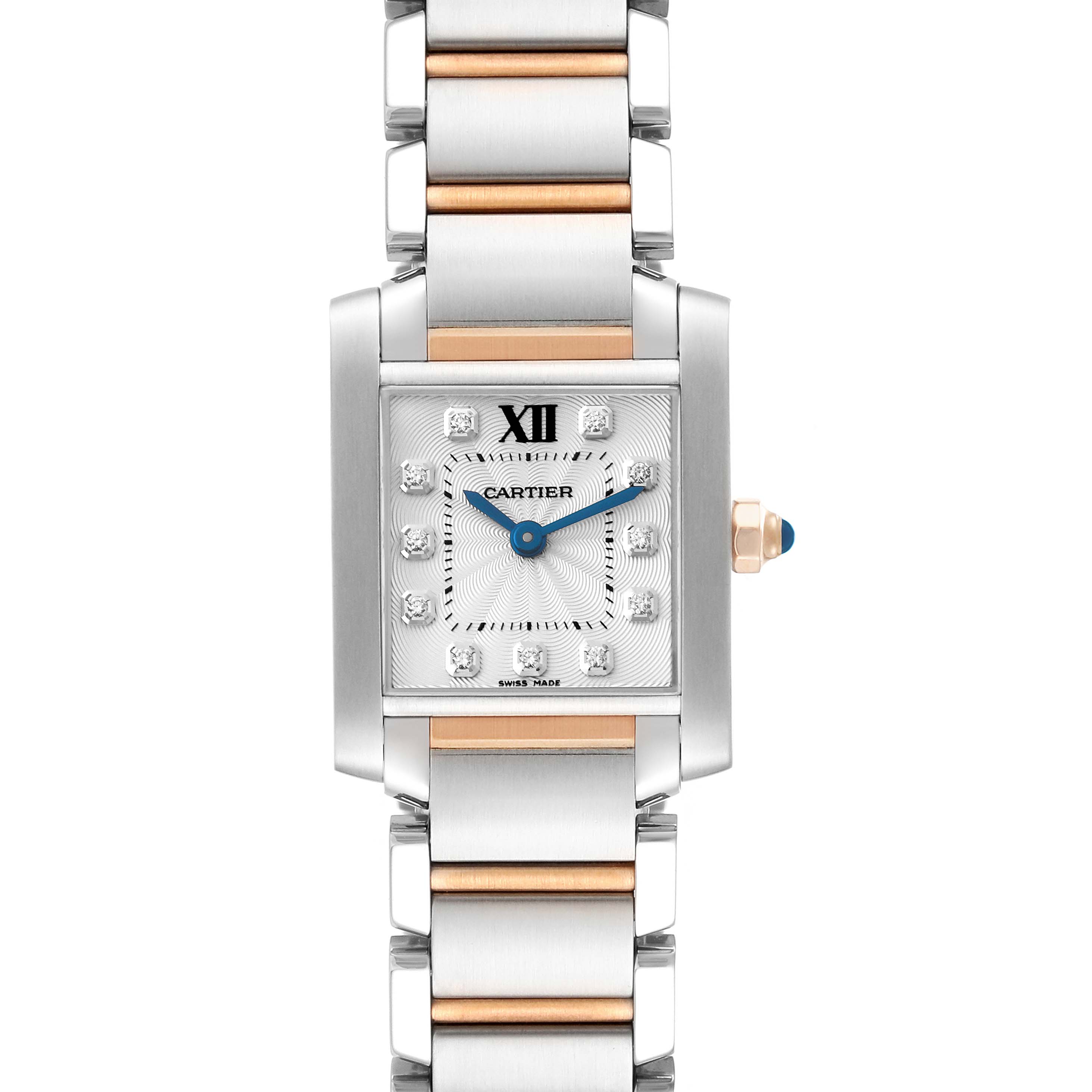 This image shows a front view of the Cartier Tank Francaise WE110004 Women
s Steel and Gold (two tone) Silver Dial WE110004 Women
s Steel and Gold (two tone) Silver Dial watch, highlighting the face, bracelet, and crown.