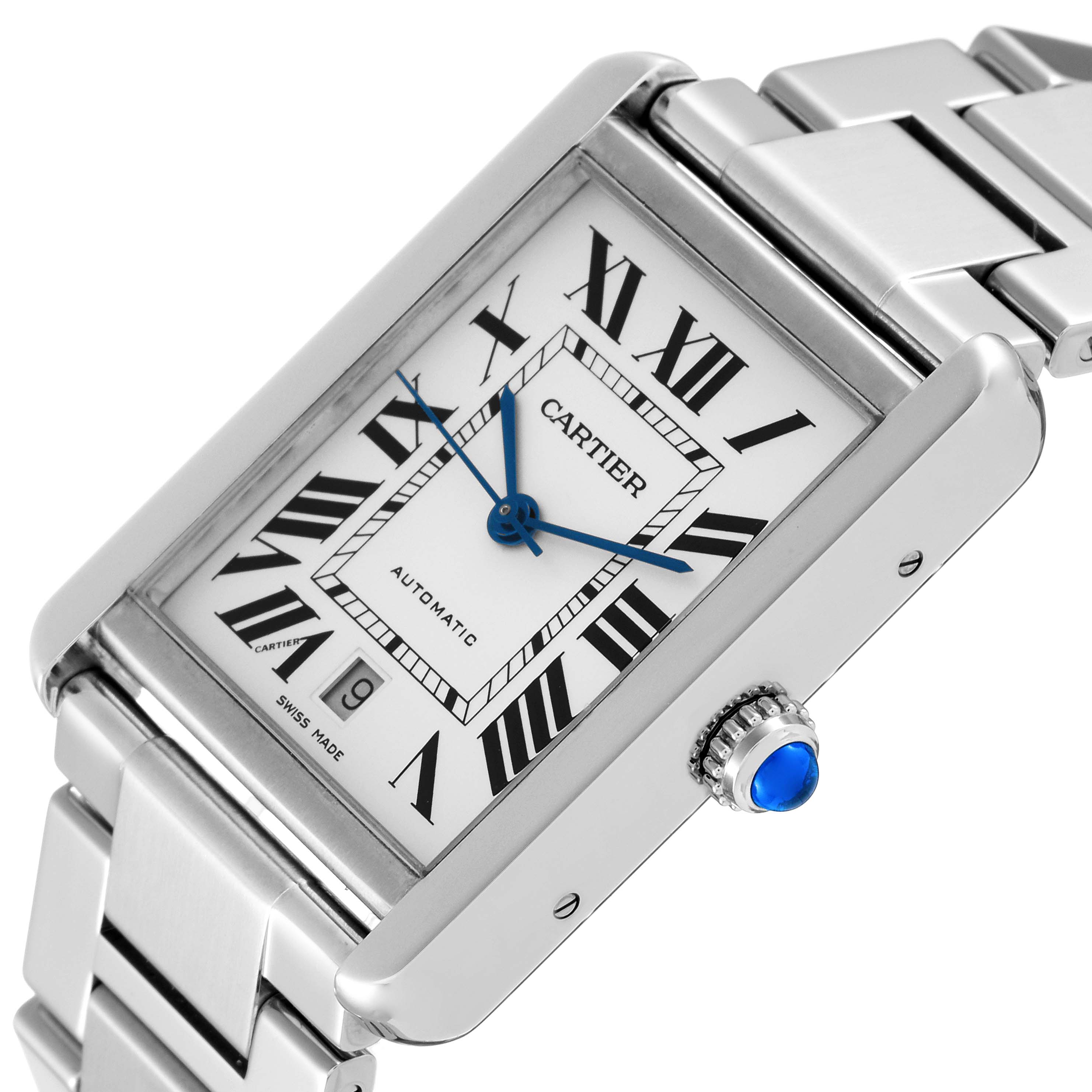 The Cartier Tank Solo W5200028 Men
s Stainless Steel Silver Dial W5200028 Men
s Stainless Steel Silver Dial watch is shown at an angled close-up, highlighting the face, Roman numerals, blue hands, and metallic bracelet.