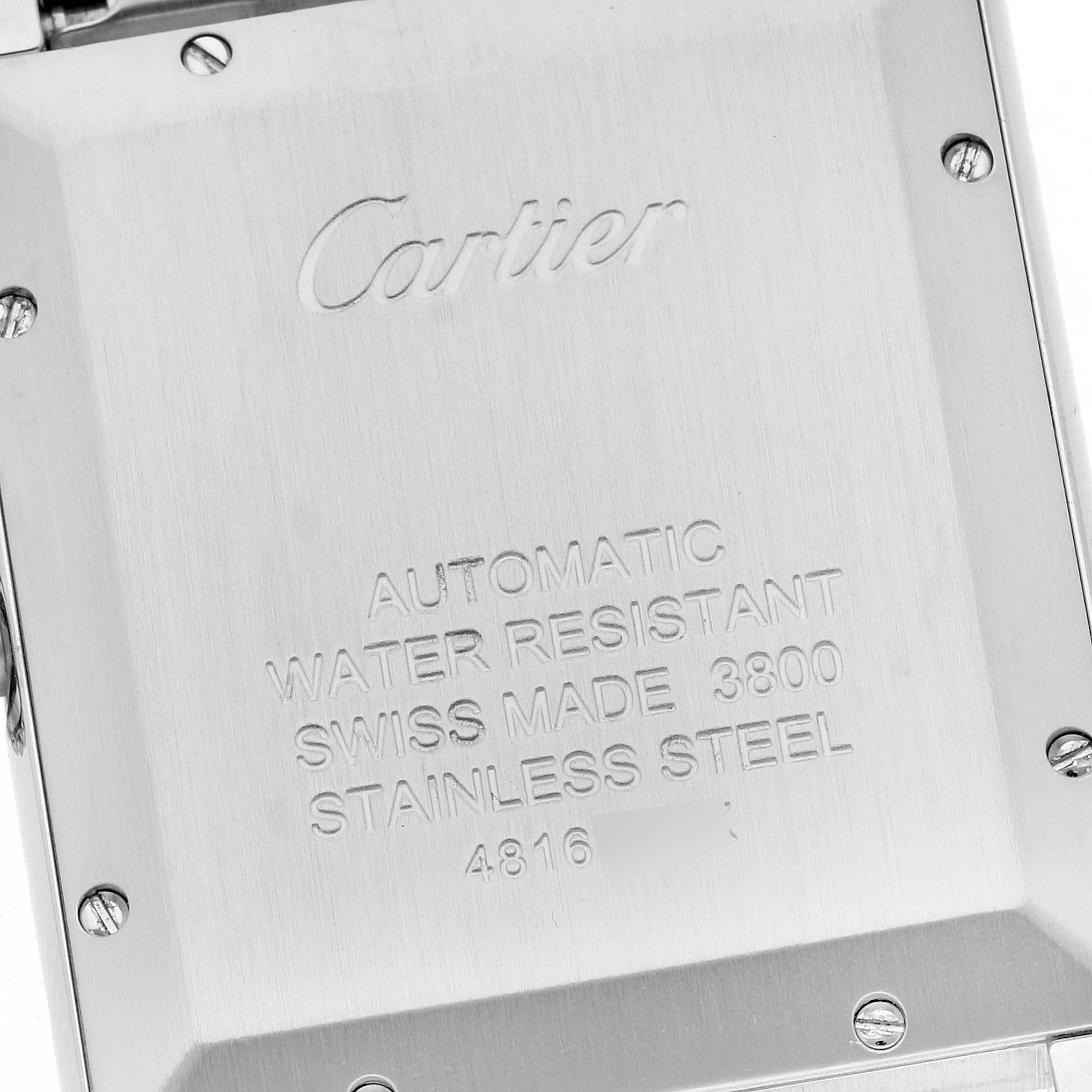 This image shows the back case of the Cartier Tank Solo W5200028 Men
s Stainless Steel Silver Dial W5200028 Men
s Stainless Steel Silver Dial watch, displaying the brand
s engraving and specifications.