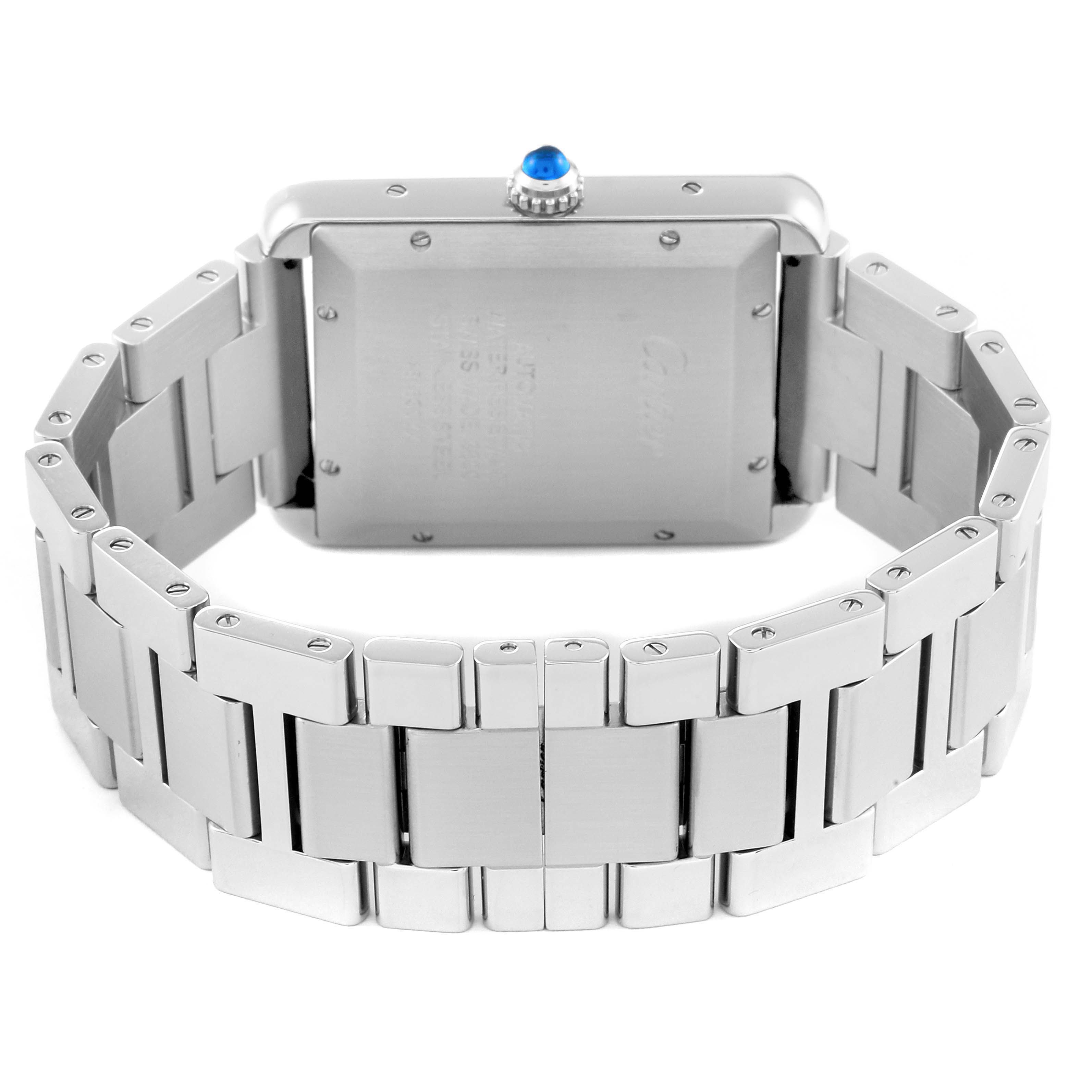 This image shows the back of a Cartier Tank Solo W5200028 Men
s Stainless Steel Silver Dial W5200028 Men
s Stainless Steel Silver Dial watch, highlighting its stainless steel case and bracelet.