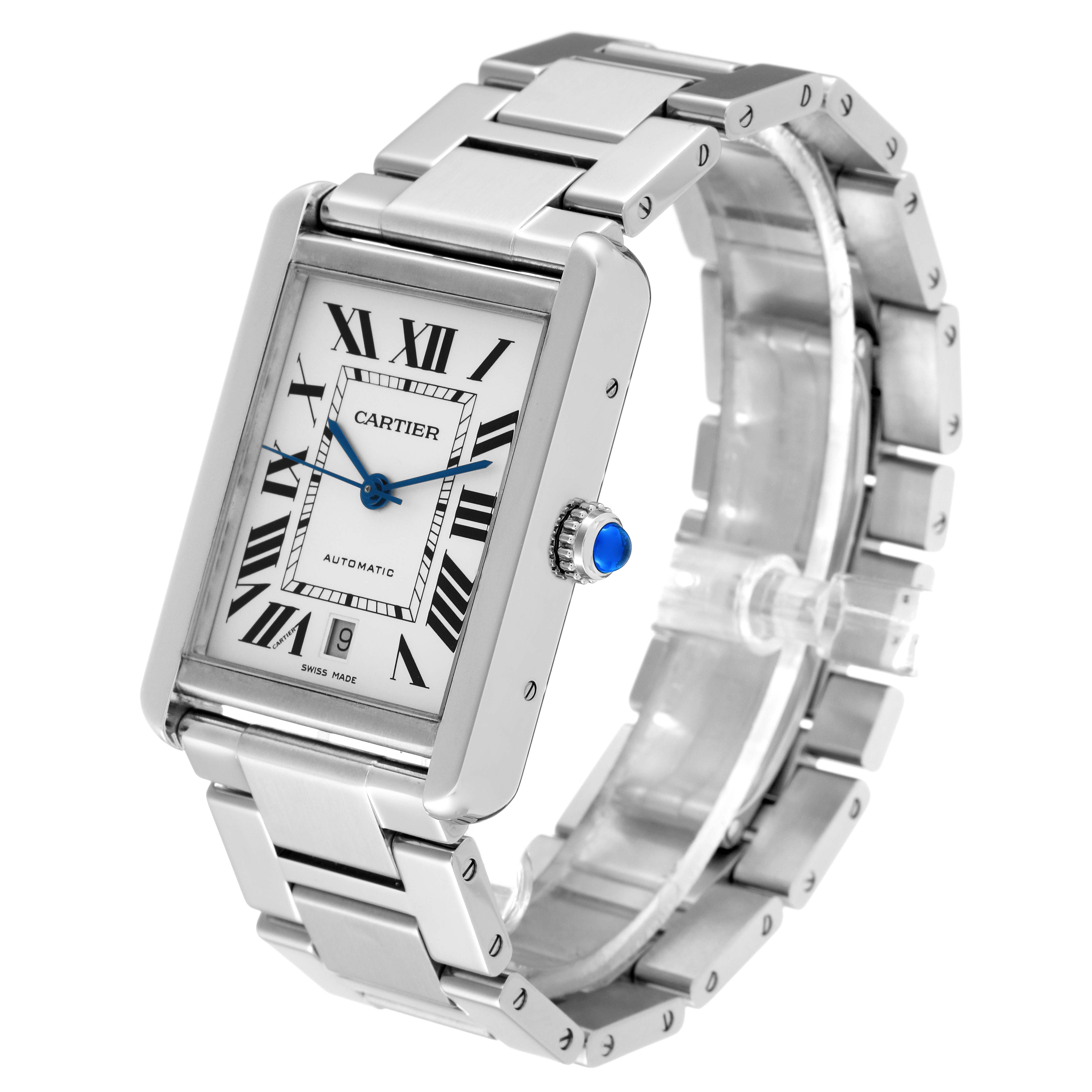 The Cartier Tank Solo W5200028 Men
s Stainless Steel Silver Dial W5200028 Men
s Stainless Steel Silver Dial watch is angled to show the face, bracelet, and side profile, including the blue cabochon crown.