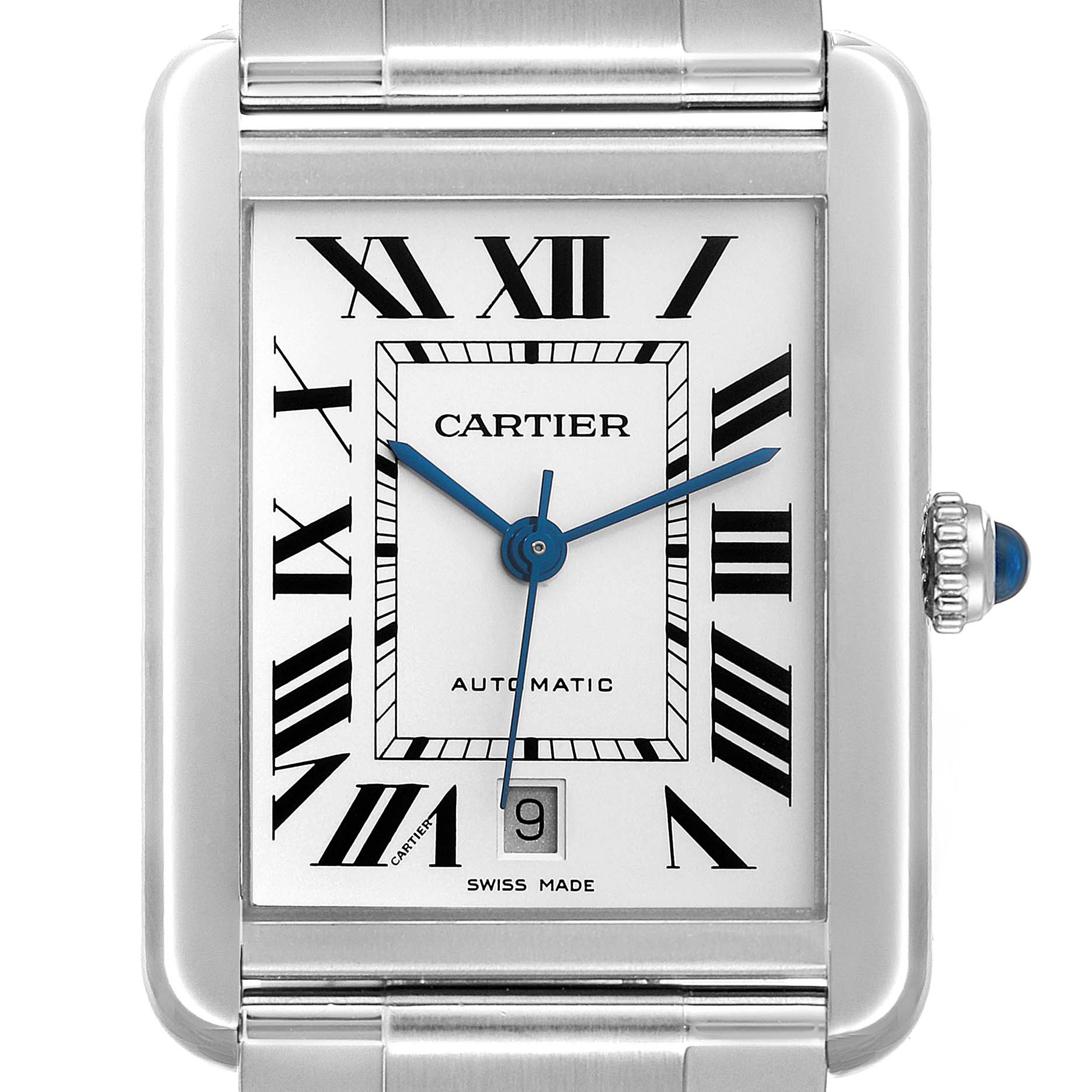 This image shows a close-up front view of a Cartier Tank Solo W5200028 Men
s Stainless Steel Silver Dial W5200028 Men
s Stainless Steel Silver Dial watch face and part of its bracelet.