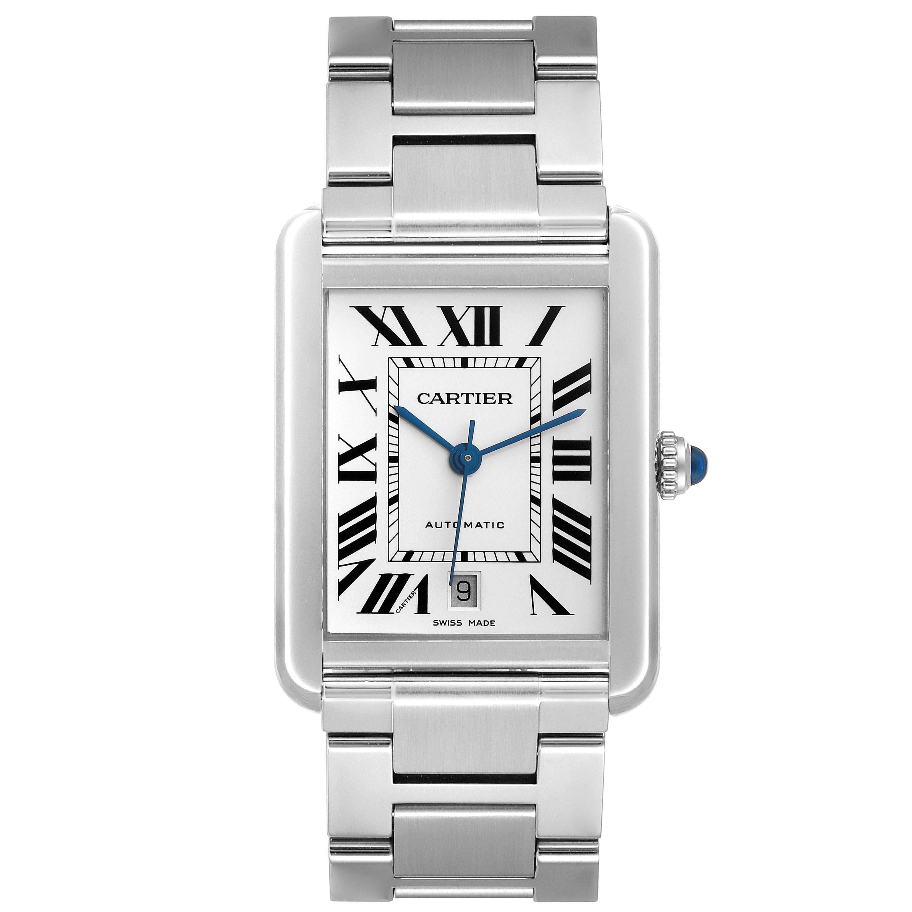 The Cartier Tank Solo W5200028 Men
s Stainless Steel Silver Dial W5200028 Men
s Stainless Steel Silver Dial watch is shown from a front view, highlighting its face, bracelet, and crown.