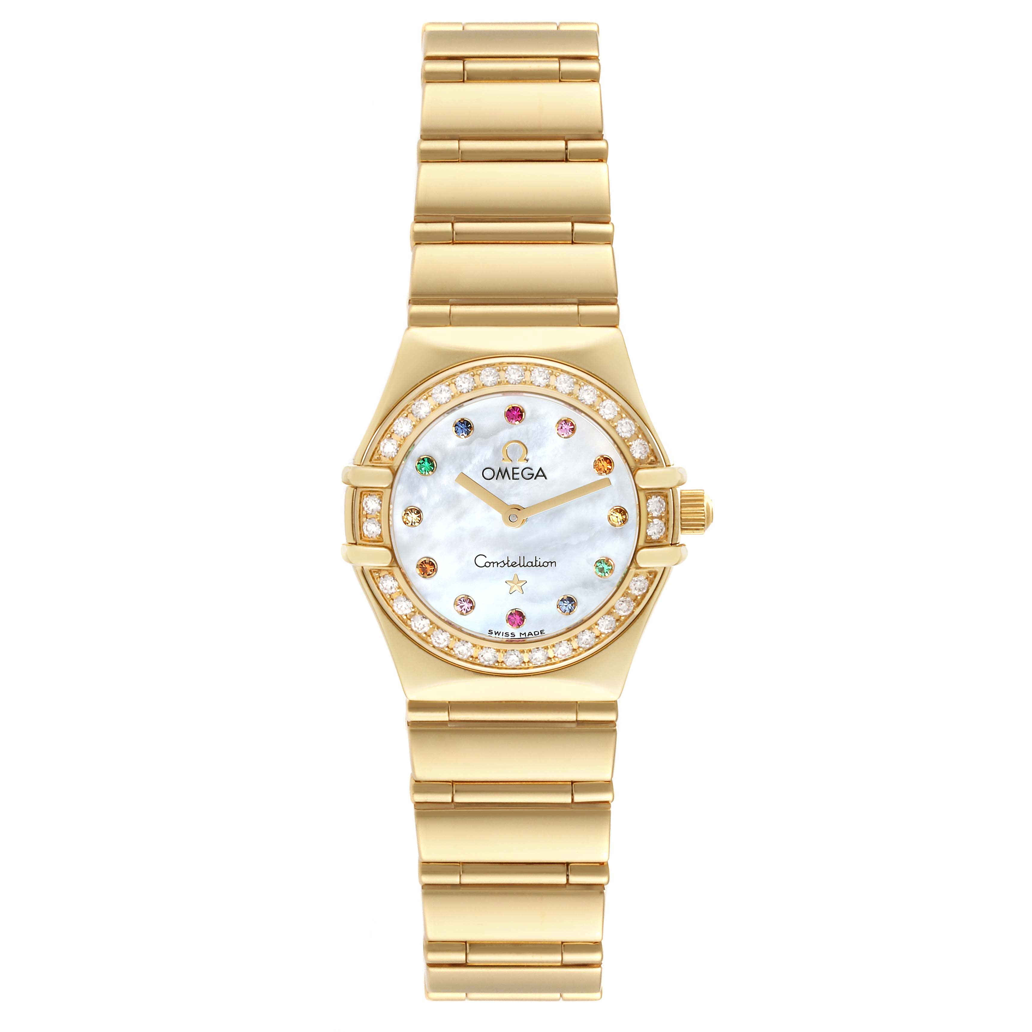The image shows a front view of the Omega 1164.79.00 Women's Yellow Gold Mother of Pearl Dial 1164.79.00 Women's Yellow Gold Mother of Pearl Dial Constellation Iris Yellow Gold Mother Of Pearl Multi Stone Diamond Ladies Watch 1164.79.00.