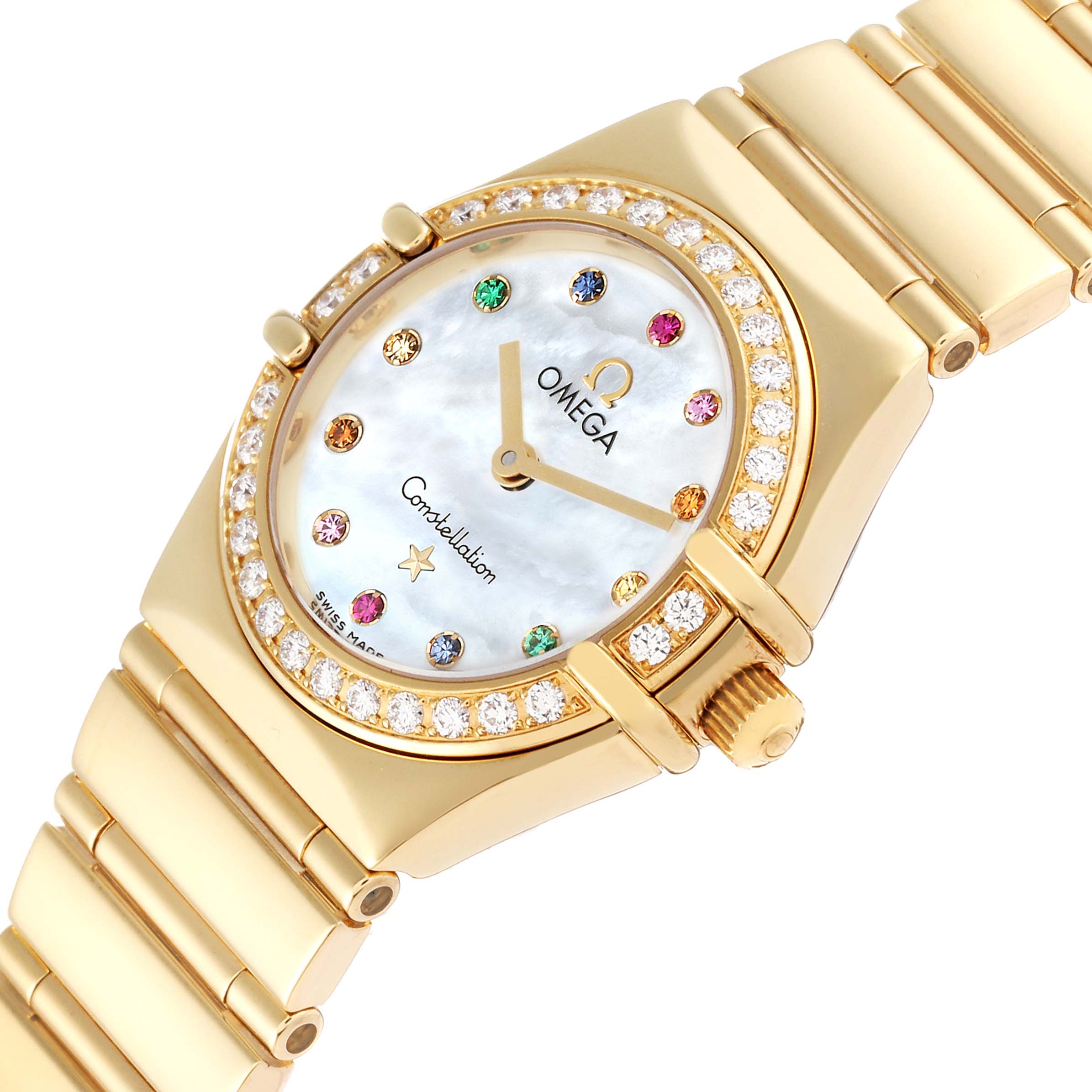 The image shows an angled view of the Omega 1164.79.00 Women's Yellow Gold Mother of Pearl Dial 1164.79.00 Women's Yellow Gold Mother of Pearl Dial Constellation Iris Yellow Gold 1164.79.00 watch, highlighting its face, bezel, and bracelet.
