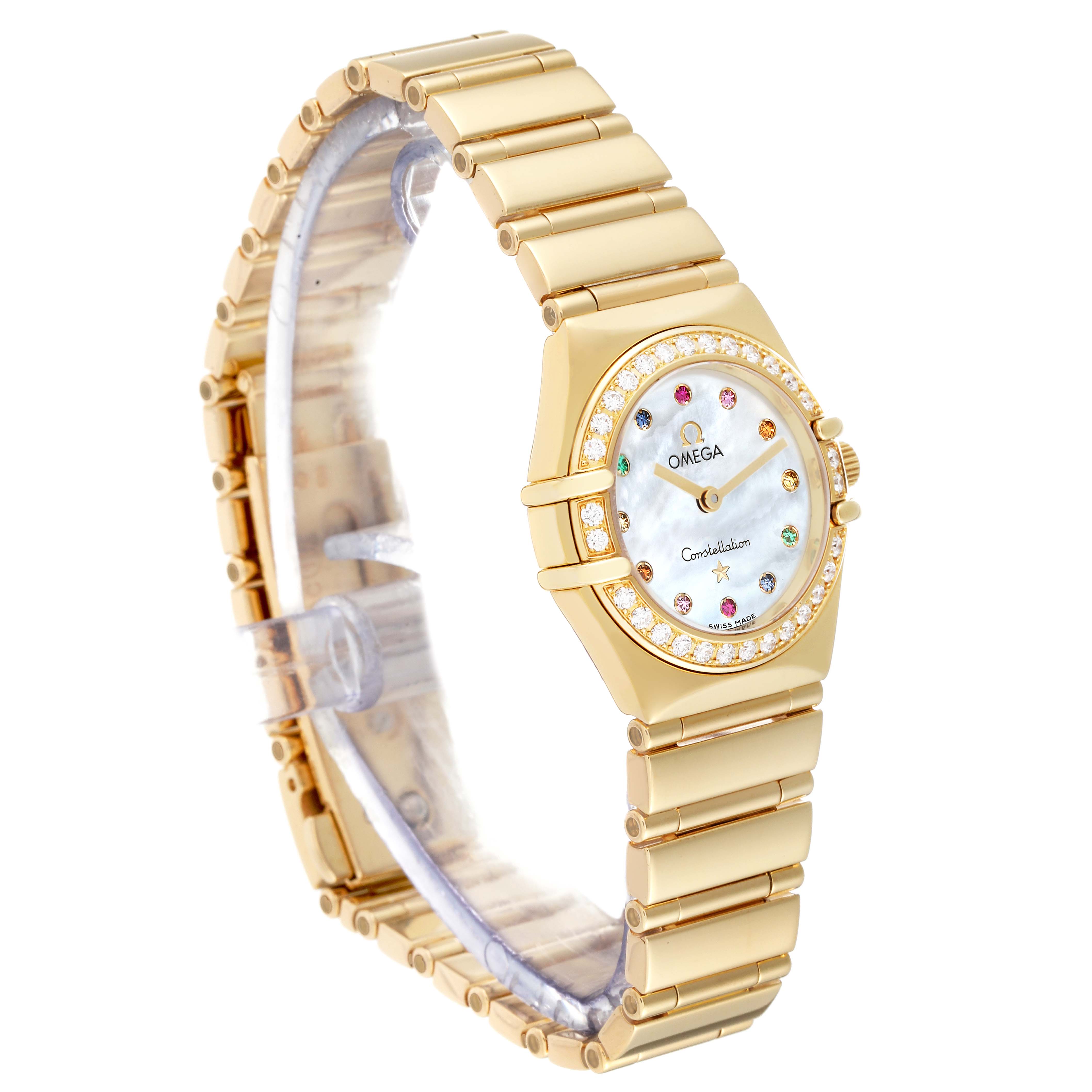 The image shows a side angle of the Omega 1164.79.00 Women's Yellow Gold Mother of Pearl Dial 1164.79.00 Women's Yellow Gold Mother of Pearl Dial Constellation Iris 1164.79.00, highlighting its yellow gold band, bezel, and mother of pearl dial.