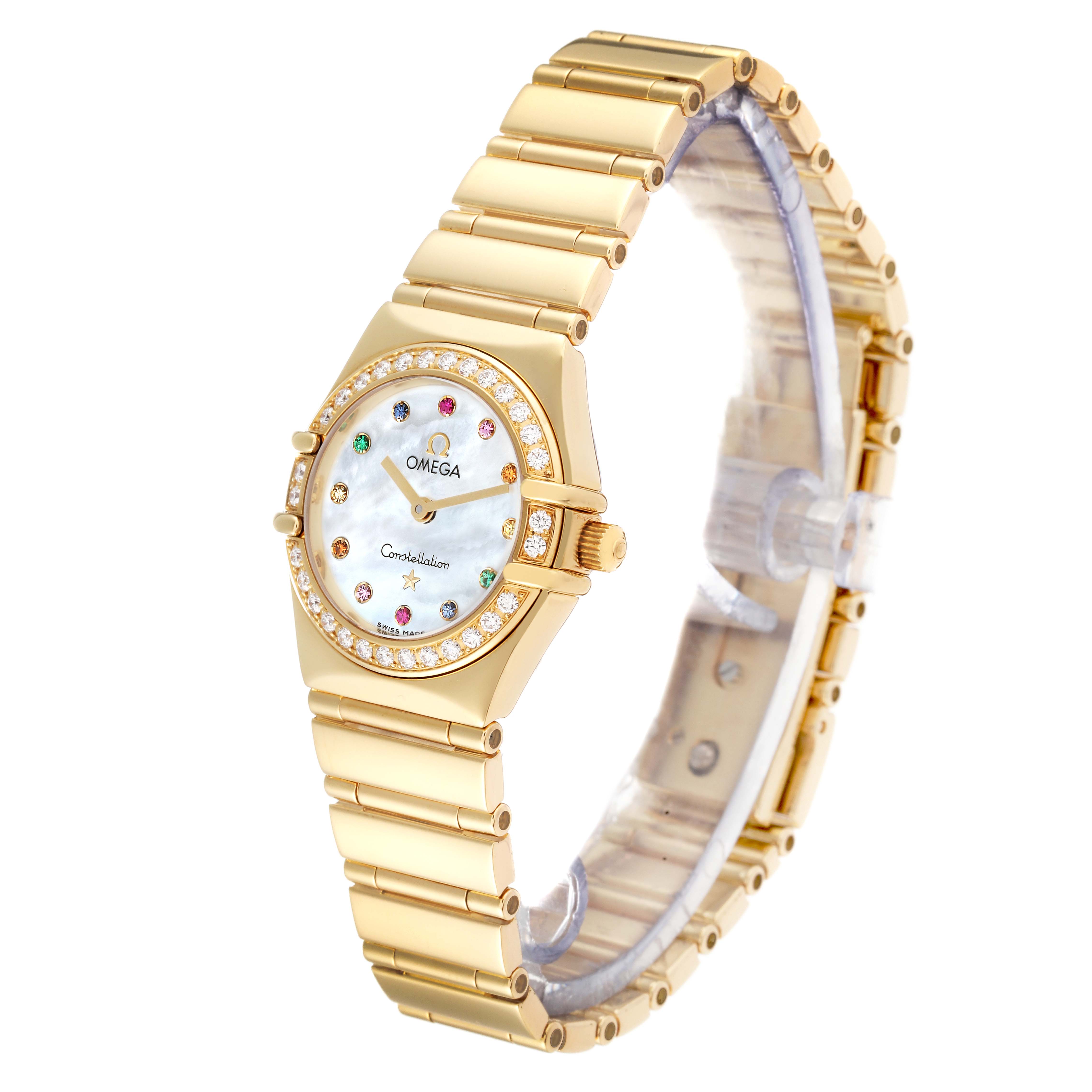 This image shows an Omega 1164.79.00 Women's Yellow Gold Mother of Pearl Dial 1164.79.00 Women's Yellow Gold Mother of Pearl Dial Constellation Iris Yellow Gold Mother Of Pearl Multi Stone Diamond Ladies Watch 1164.79.00 from a front-right angle.