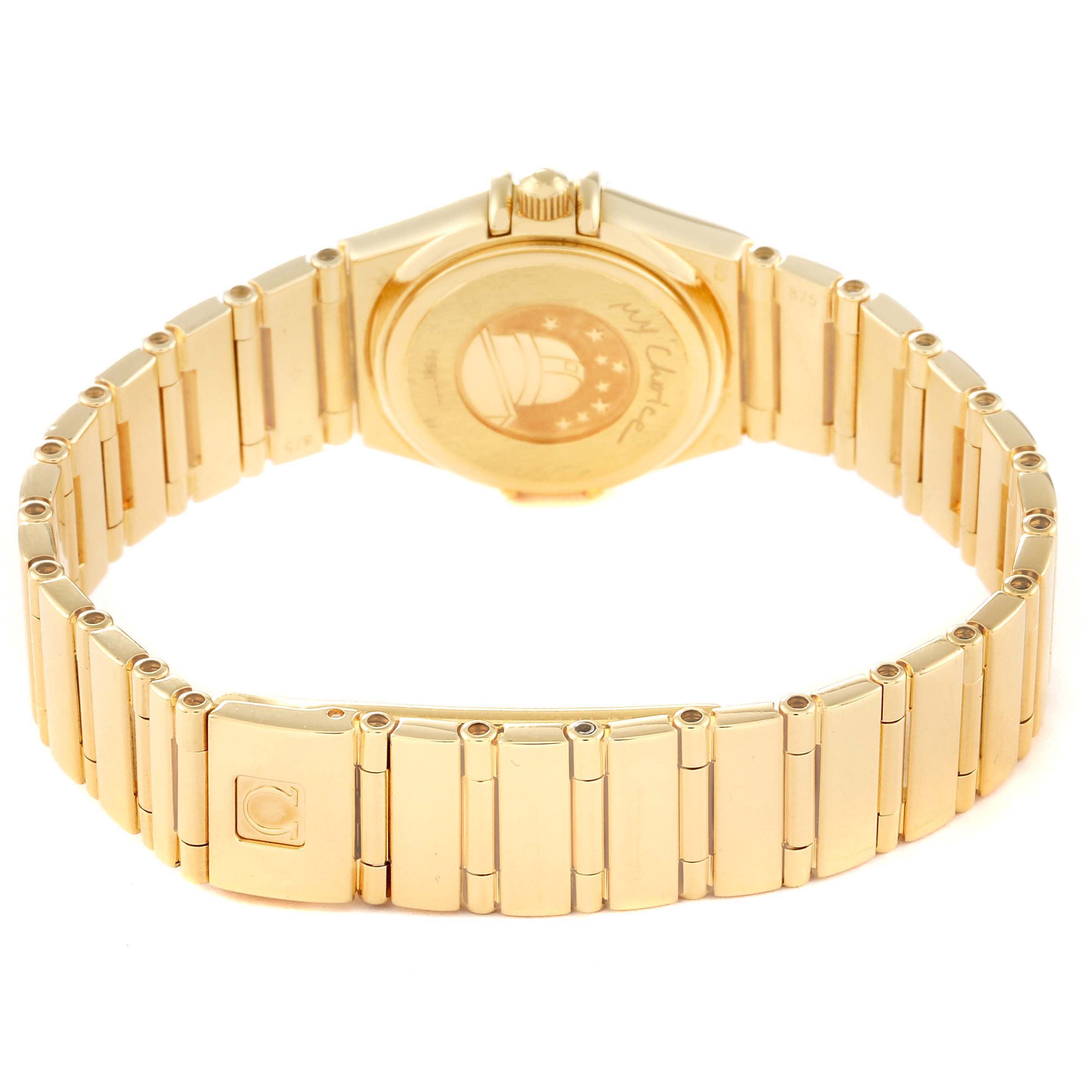 The image shows the back view of the Omega 1164.79.00 Women's Yellow Gold Mother of Pearl Dial 1164.79.00 Women's Yellow Gold Mother of Pearl Dial Constellation Iris Yellow Gold Mother Of Pearl Multi Stone Diamond Ladies Watch 1164.79.00.