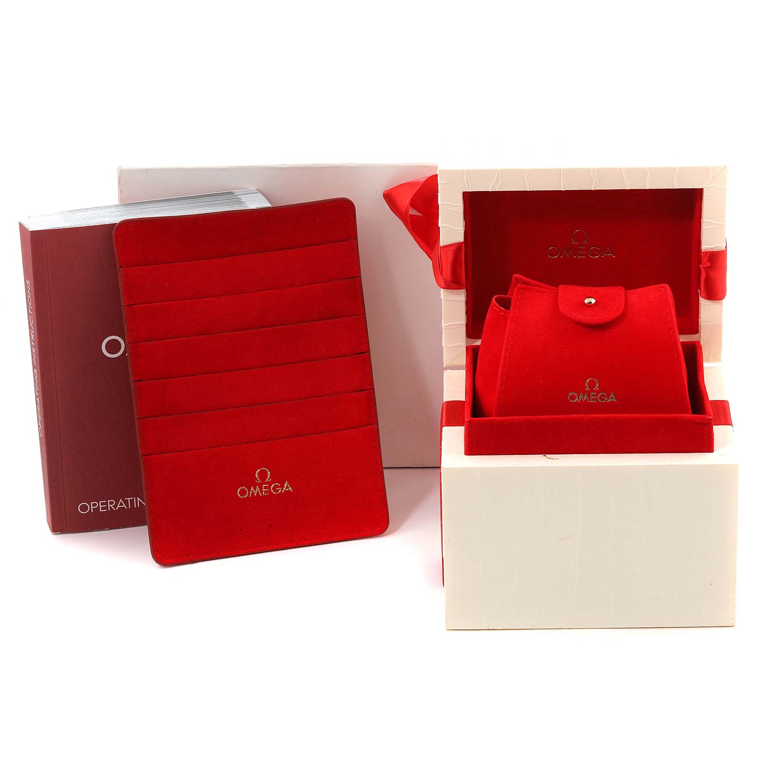 The image shows the Omega 1164.79.00 Women's Yellow Gold Mother of Pearl Dial 1164.79.00 Women's Yellow Gold Mother of Pearl Dial Constellation Iris 1164.79.00 packaging, including a red box, case, and operating manual.