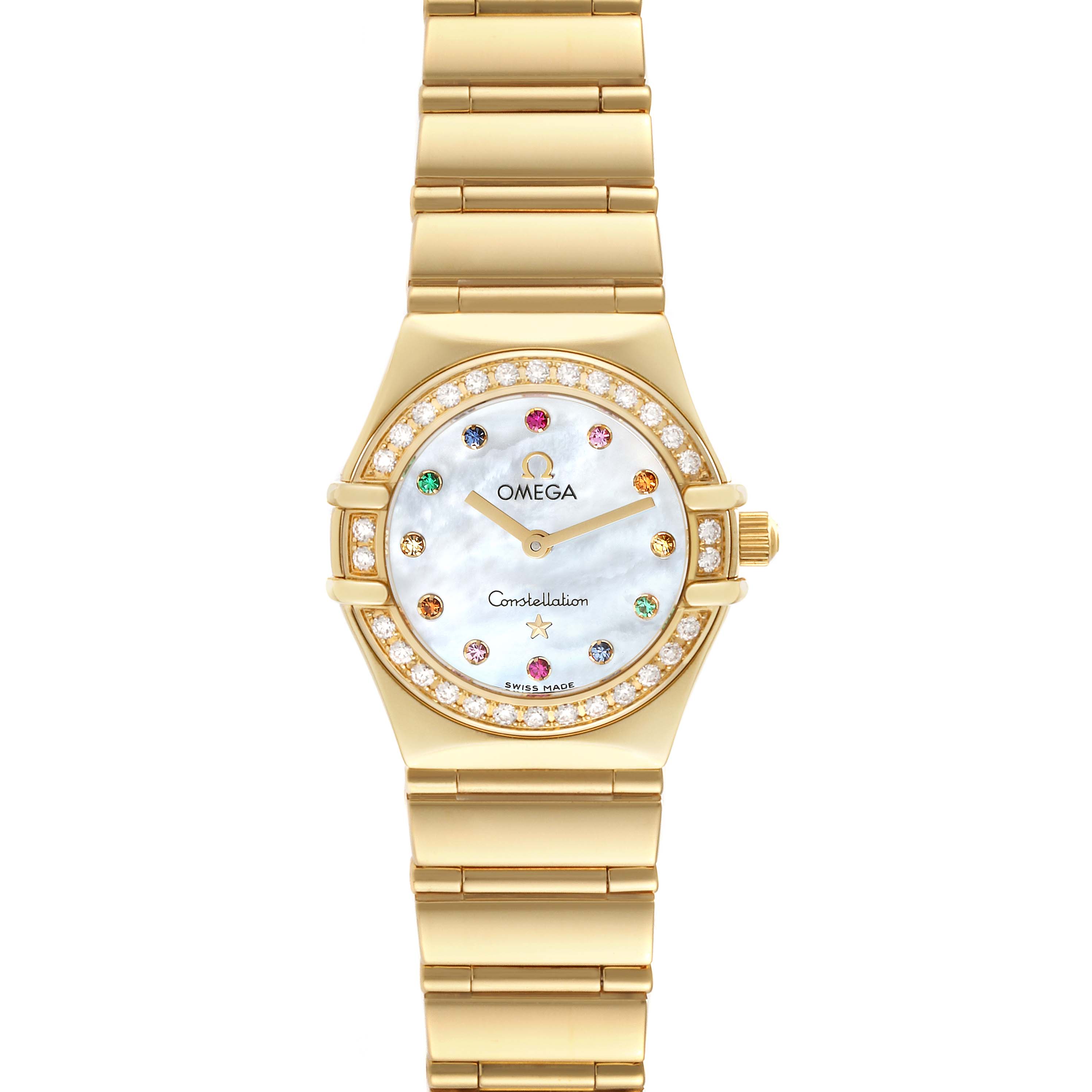 The image shows a frontal view of the Omega 1164.79.00 Women's Yellow Gold Mother of Pearl Dial 1164.79.00 Women's Yellow Gold Mother of Pearl Dial Constellation Iris Yellow Gold Mother Of Pearl Multi Stone Diamond Ladies Watch 1164.79.00.