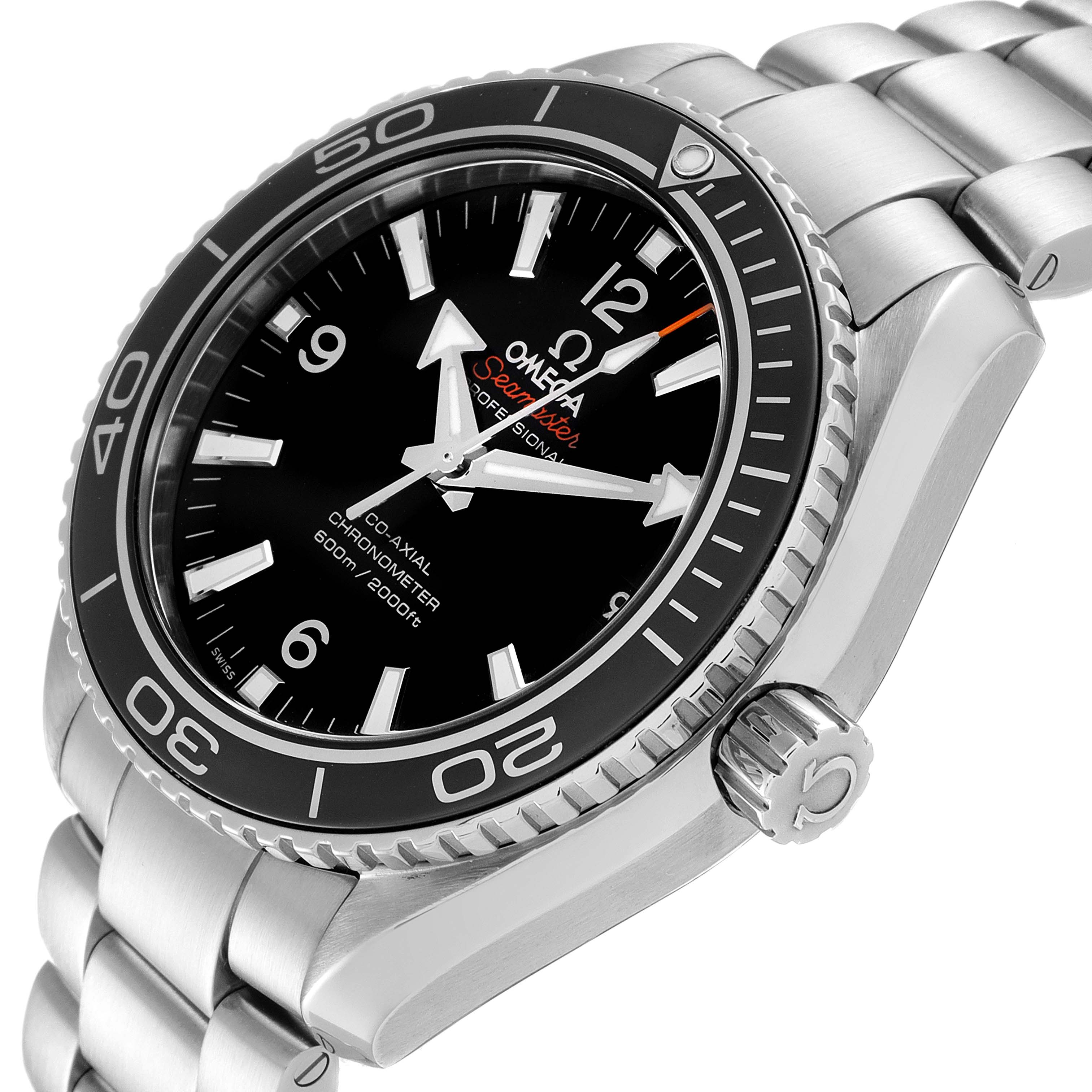 The image shows an oblique angle view of the Omega Planet Ocean 232.30.42.21.01.003 Men
s Stainless Steel Black Dial 232.30.42.21.01.003 Men
s Stainless Steel Black Dial watch, highlighting its bezel, dial, crown, and bracelet.