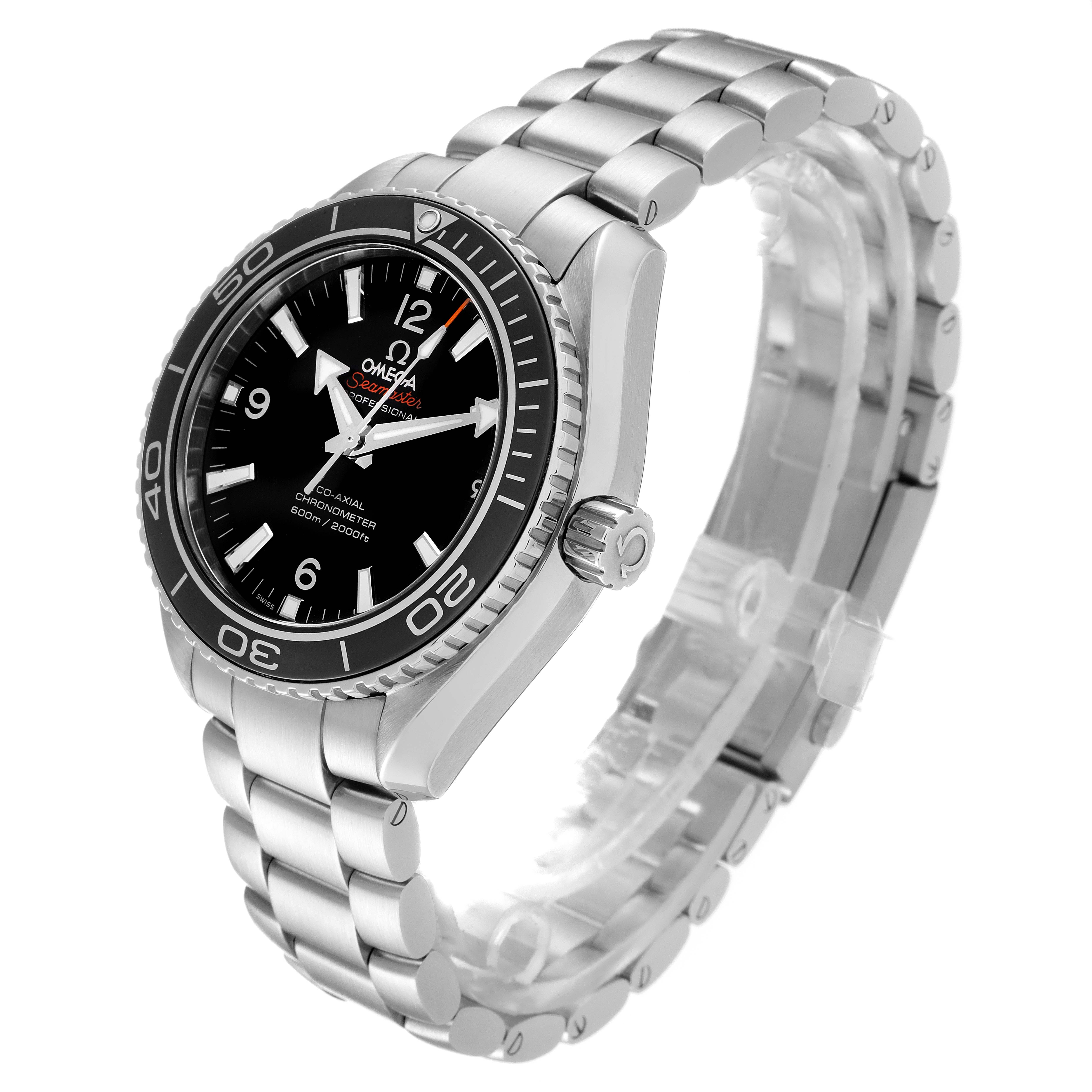 The image shows the Omega Planet Ocean 232.30.42.21.01.003 Men
s Stainless Steel Black Dial 232.30.42.21.01.003 Men
s Stainless Steel Black Dial watch from an oblique angle, highlighting the bezel, dial, and bracelet.