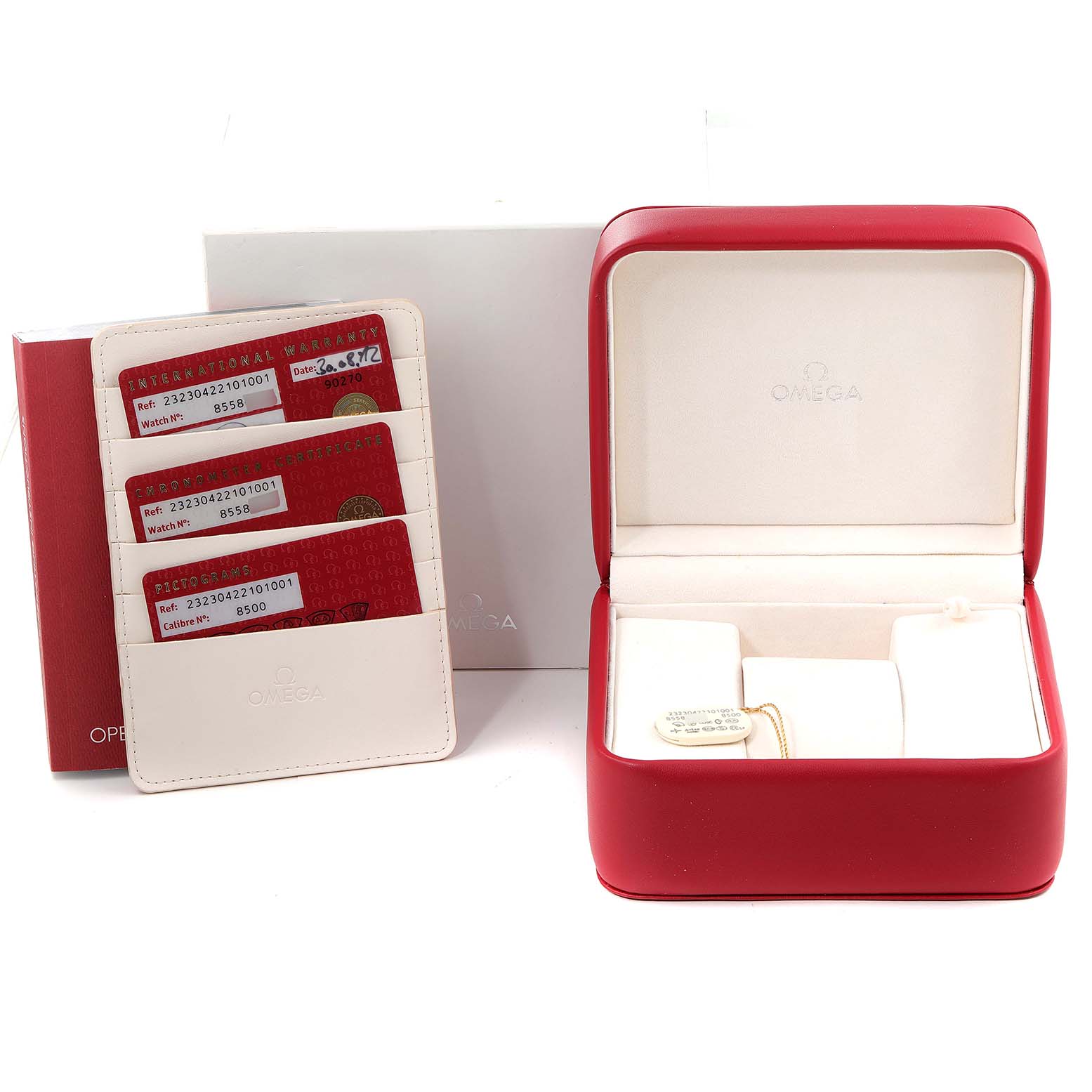 The image shows the packaging, warranty cards, and the storage box for an Omega Planet Ocean 232.30.42.21.01.003 Men
s Stainless Steel Black Dial 232.30.42.21.01.003 Men
s Stainless Steel Black Dial watch.