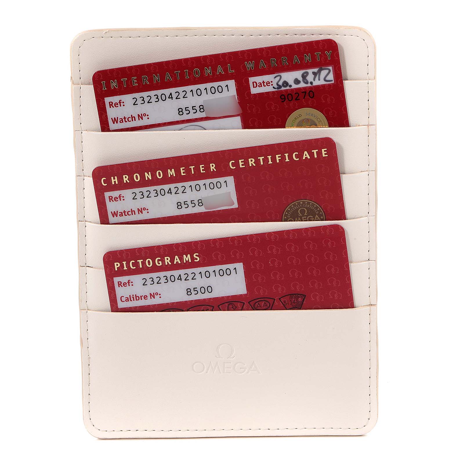 The image shows an Omega holder displaying the warranty cards and certificates for the Planet Ocean model.