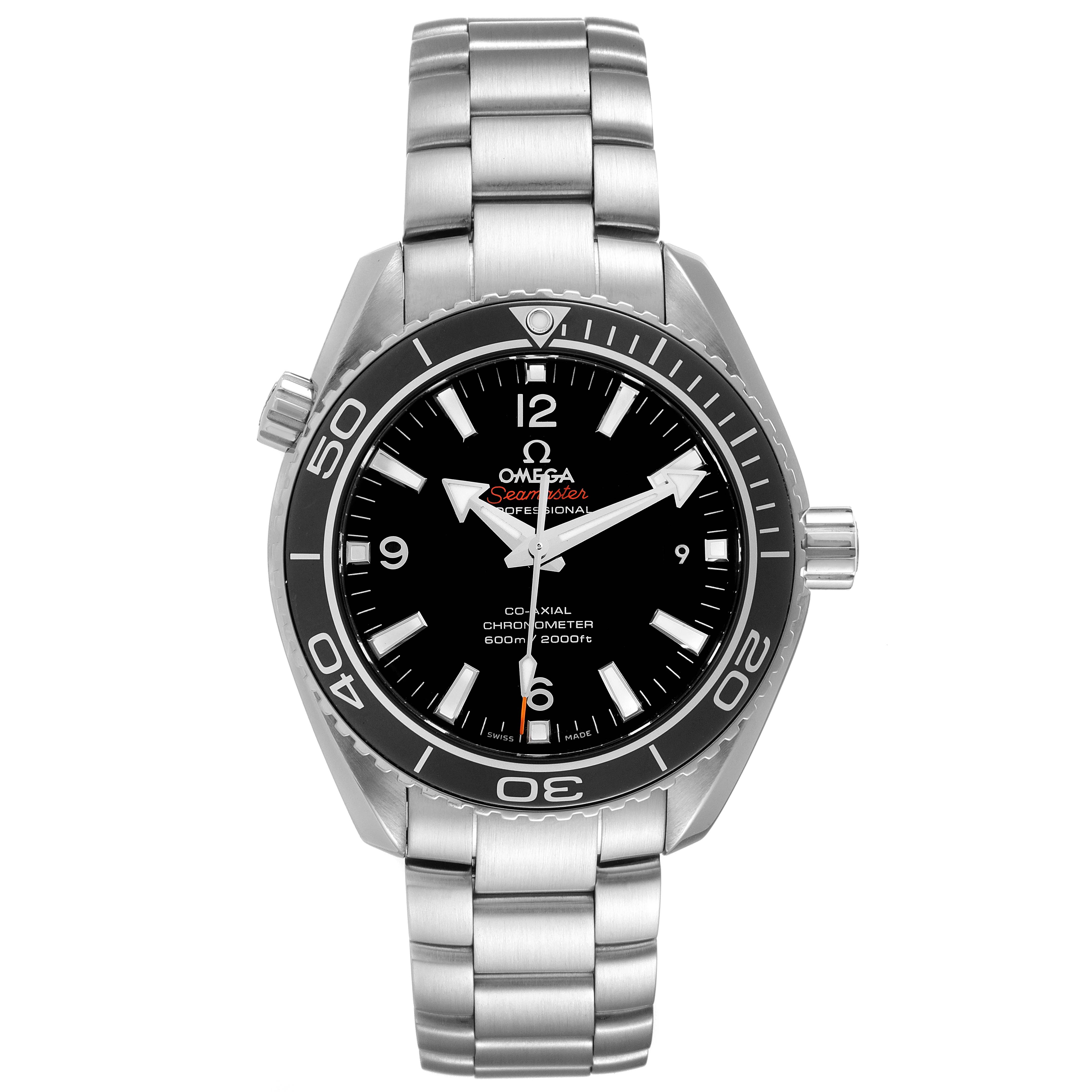 The Omega Planet Ocean 232.30.42.21.01.003 Men
s Stainless Steel Black Dial 232.30.42.21.01.003 Men
s Stainless Steel Black Dial watch is shown from a direct frontal angle, displaying the face, bezel, and stainless steel bracelet.