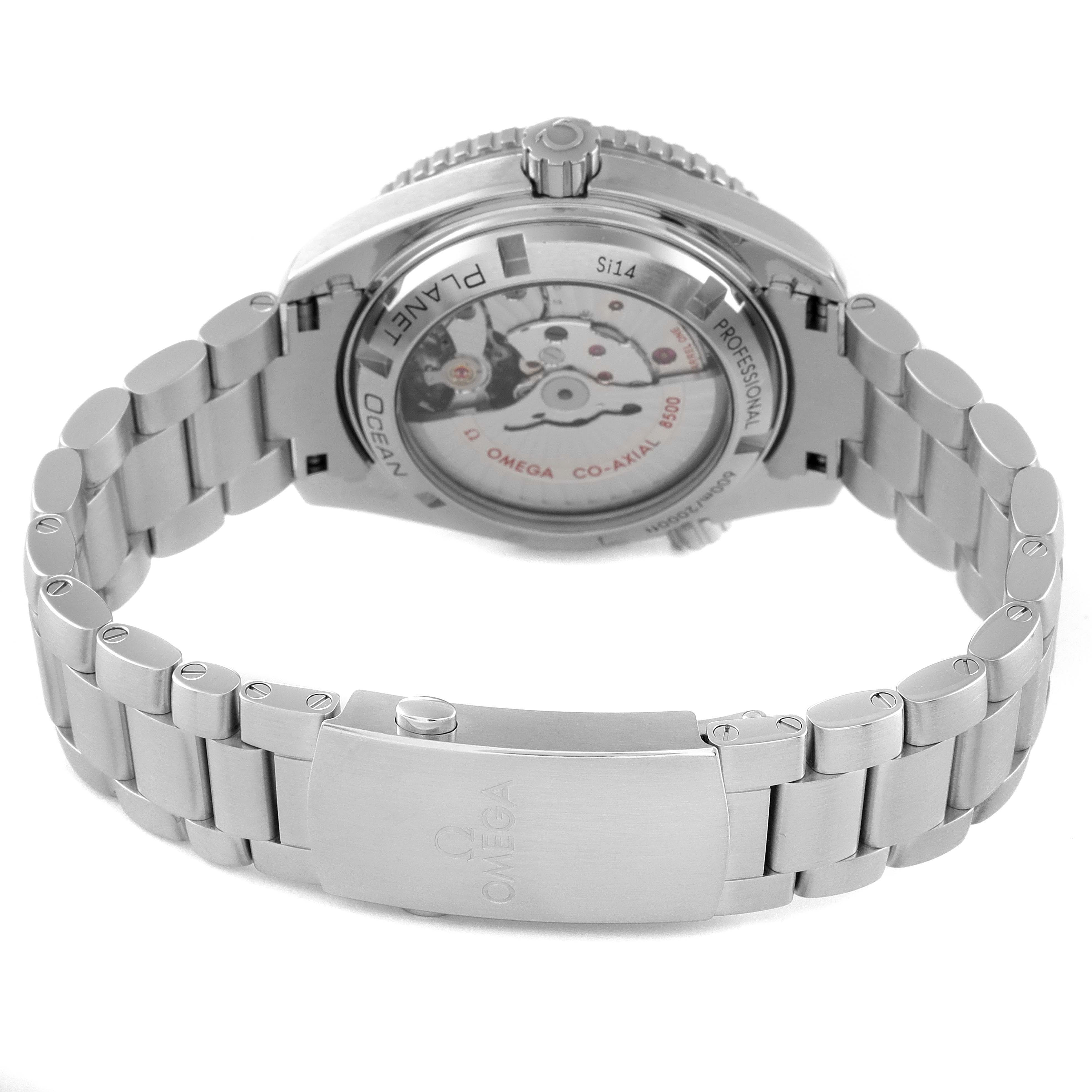 The image shows the back view of the Omega Planet Ocean 232.30.42.21.01.003 Men
s Stainless Steel Black Dial 232.30.42.21.01.003 Men
s Stainless Steel Black Dial watch, highlighting its case back and stainless steel bracelet.