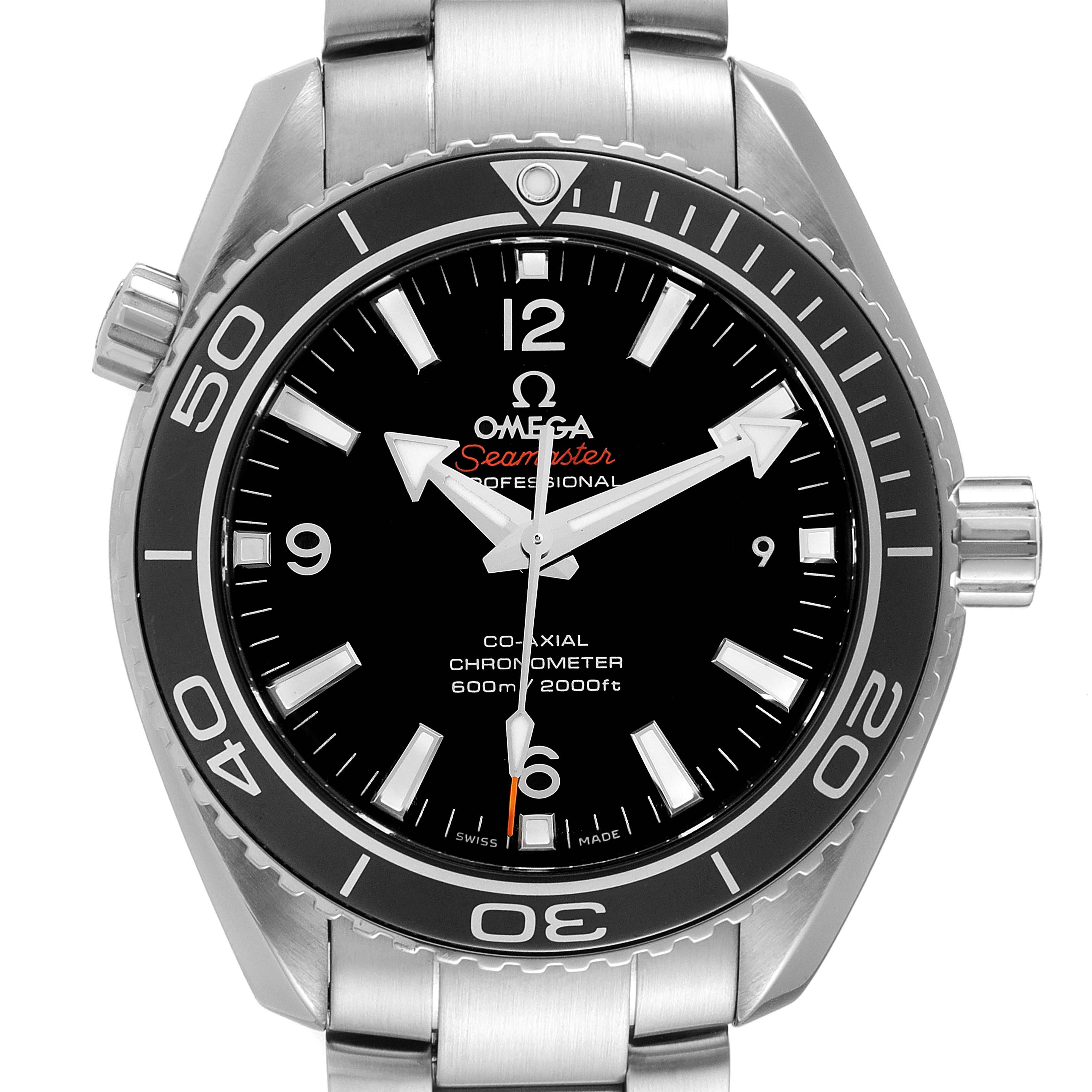 The image shows a front view of the Omega Planet Ocean 232.30.42.21.01.003 Men
s Stainless Steel Black Dial 232.30.42.21.01.003 Men
s Stainless Steel Black Dial model watch displaying its face, bezel, and part of the band.