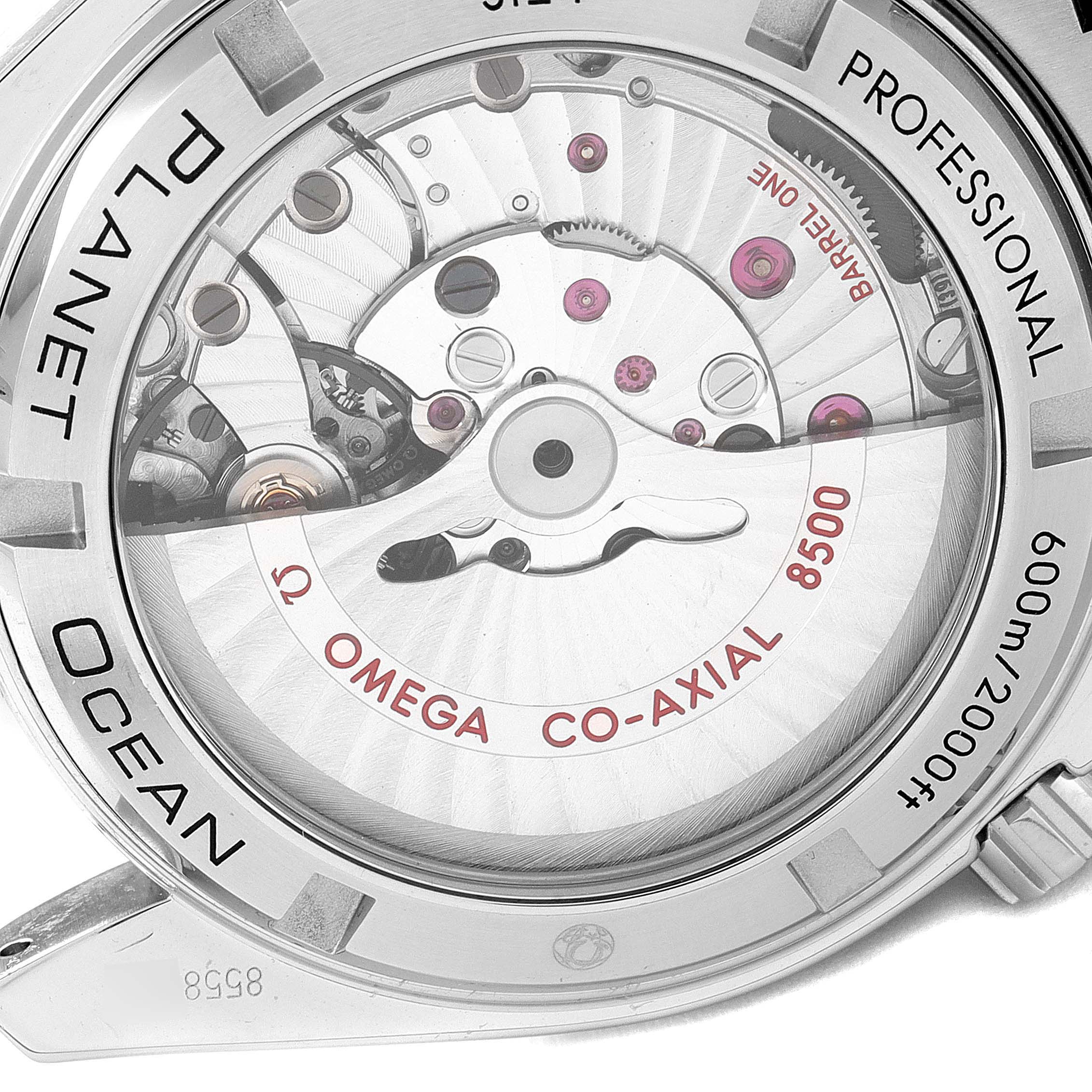 This image shows the back of the Omega Planet Ocean 232.30.42.21.01.003 Men
s Stainless Steel Black Dial 232.30.42.21.01.003 Men
s Stainless Steel Black Dial model, featuring the movement and co-axial escapement.