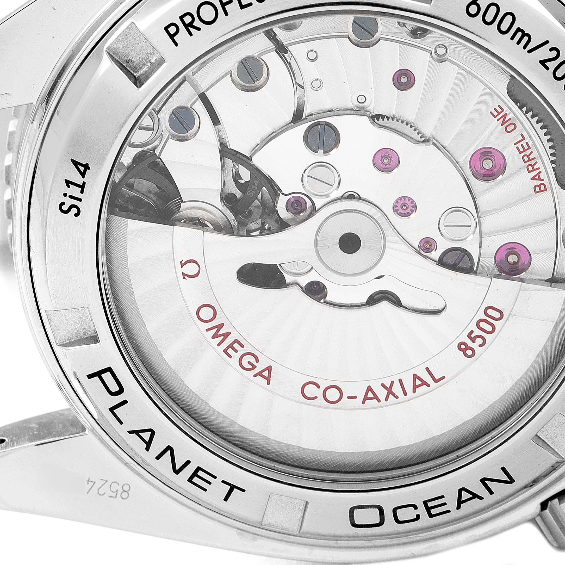 The image shows the back view of the Omega Planet Ocean 232.30.42.21.01.001 Men
s Stainless Steel Black Dial 232.30.42.21.01.001 Men
s Stainless Steel Black Dial watch, highlighting its Co-Axial 8500 movement.