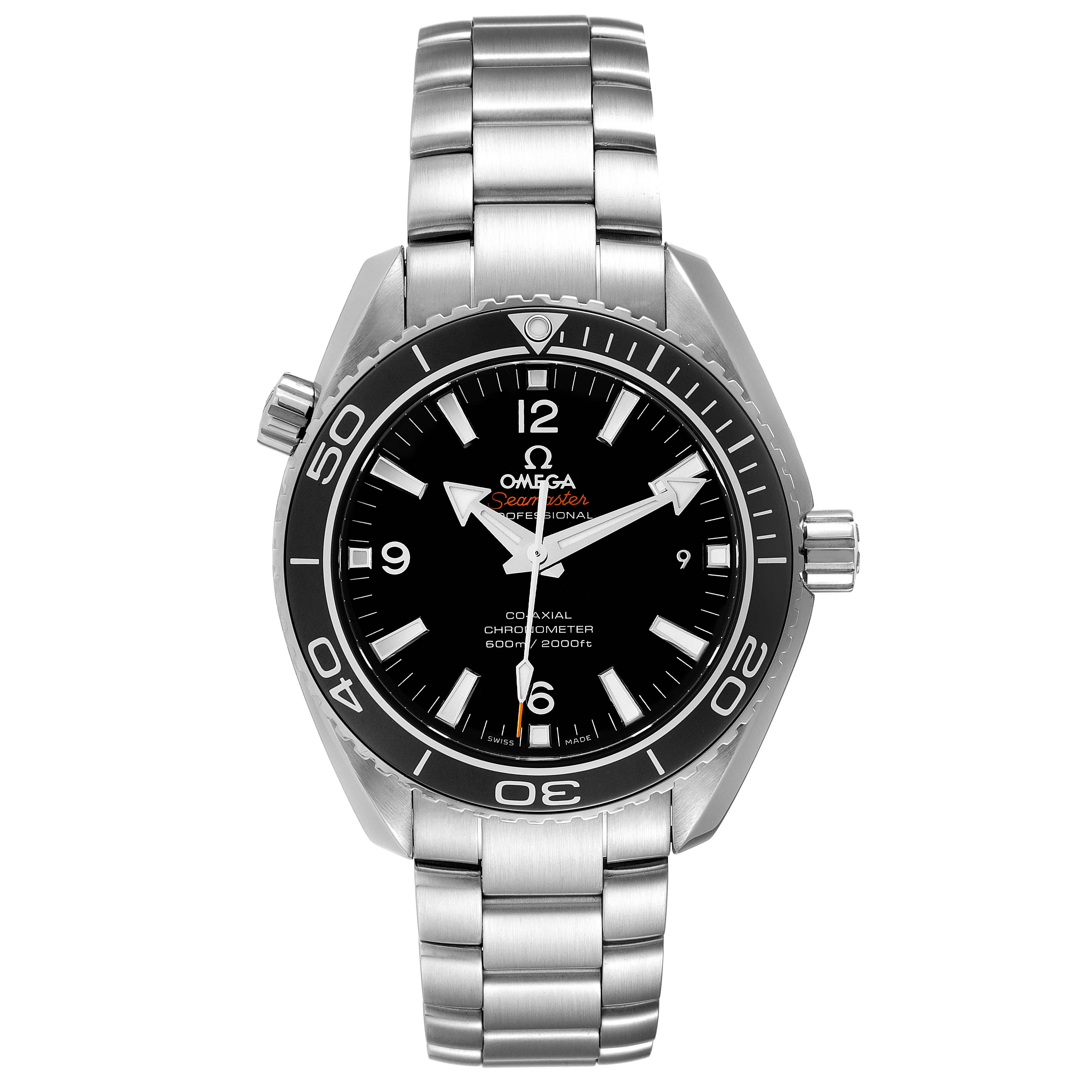 The Omega Planet Ocean 232.30.42.21.01.001 Men
s Stainless Steel Black Dial 232.30.42.21.01.001 Men
s Stainless Steel Black Dial watch is shown from a front-facing angle, displaying the dial, bezel, and stainless steel bracelet.