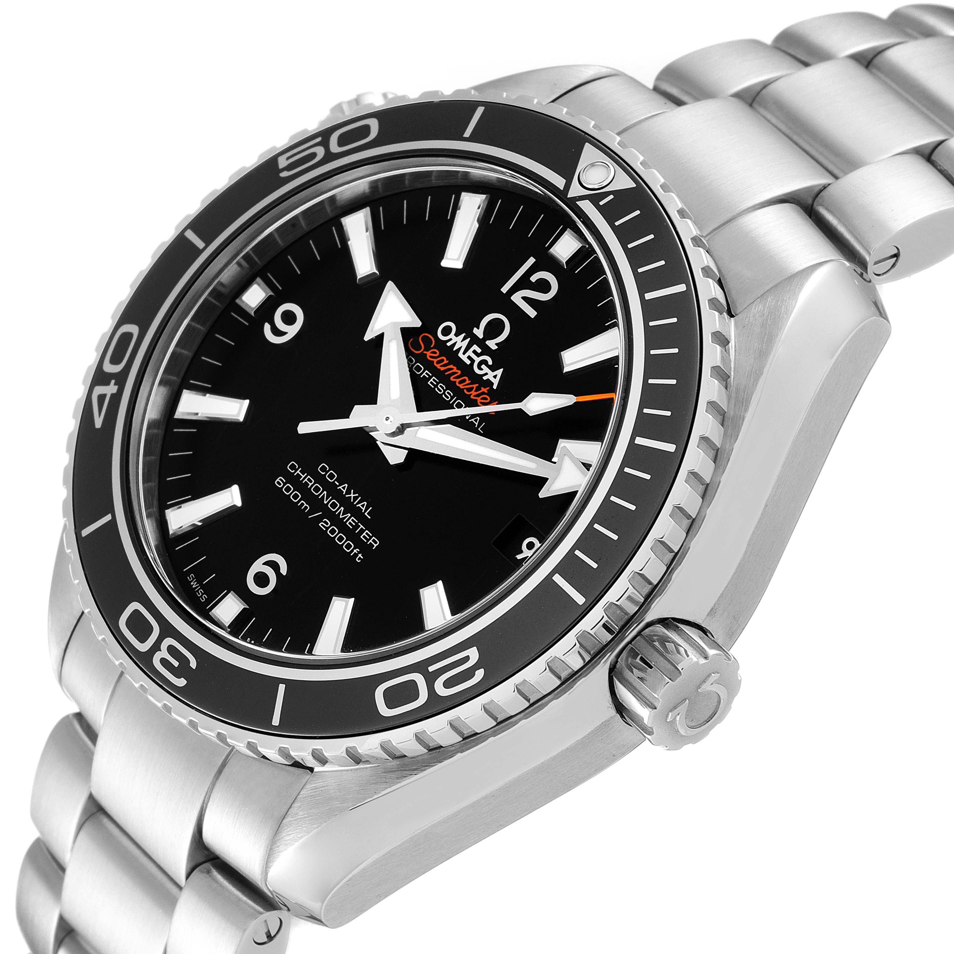 The Planet Ocean model by Omega is shown at an angle highlighting its black dial, bezel, crown, and stainless steel bracelet.