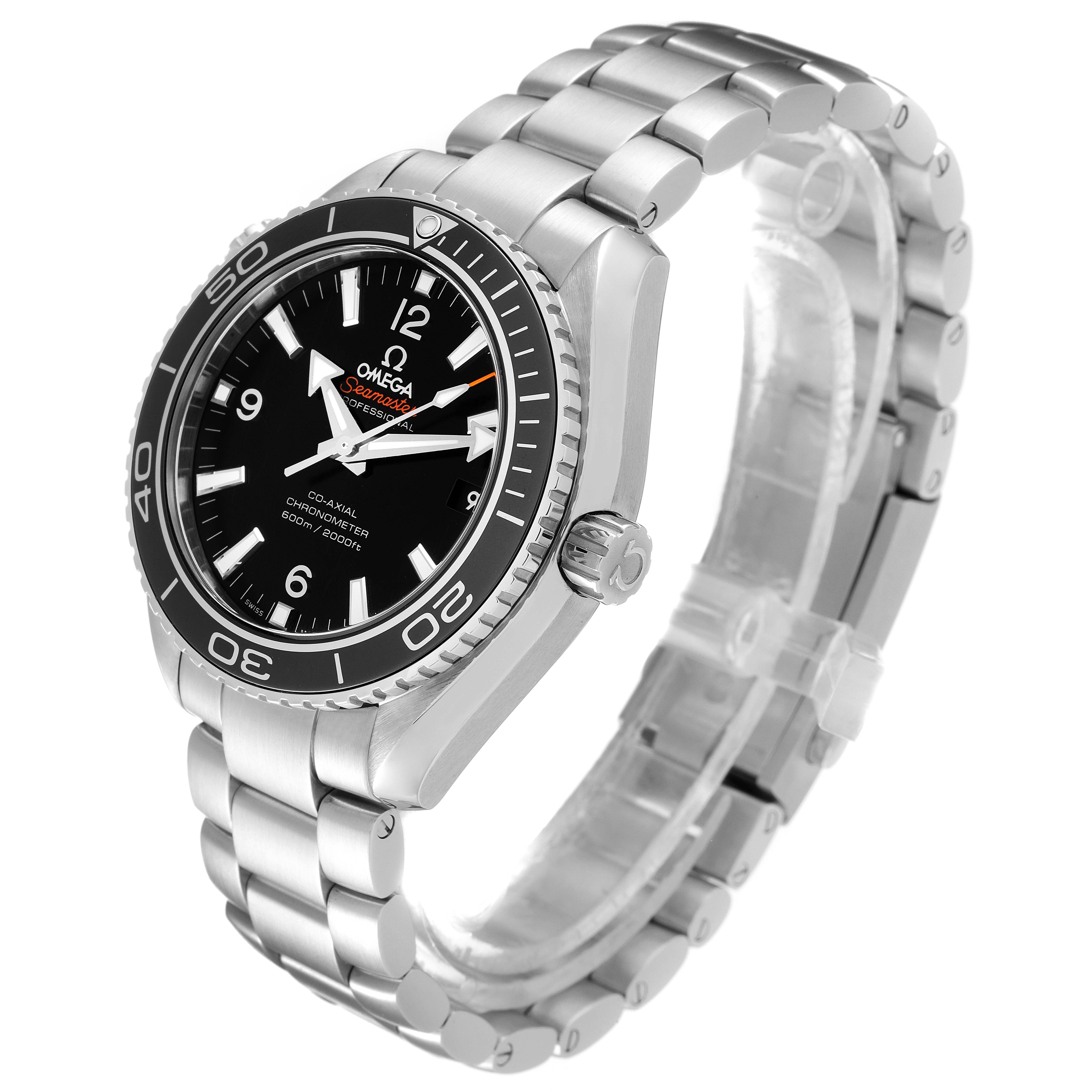 The Omega Planet Ocean 232.30.42.21.01.001 Men
s Stainless Steel Black Dial 232.30.42.21.01.001 Men
s Stainless Steel Black Dial watch is shown at an angle, displaying the bezel, dial, crown, and metal bracelet.