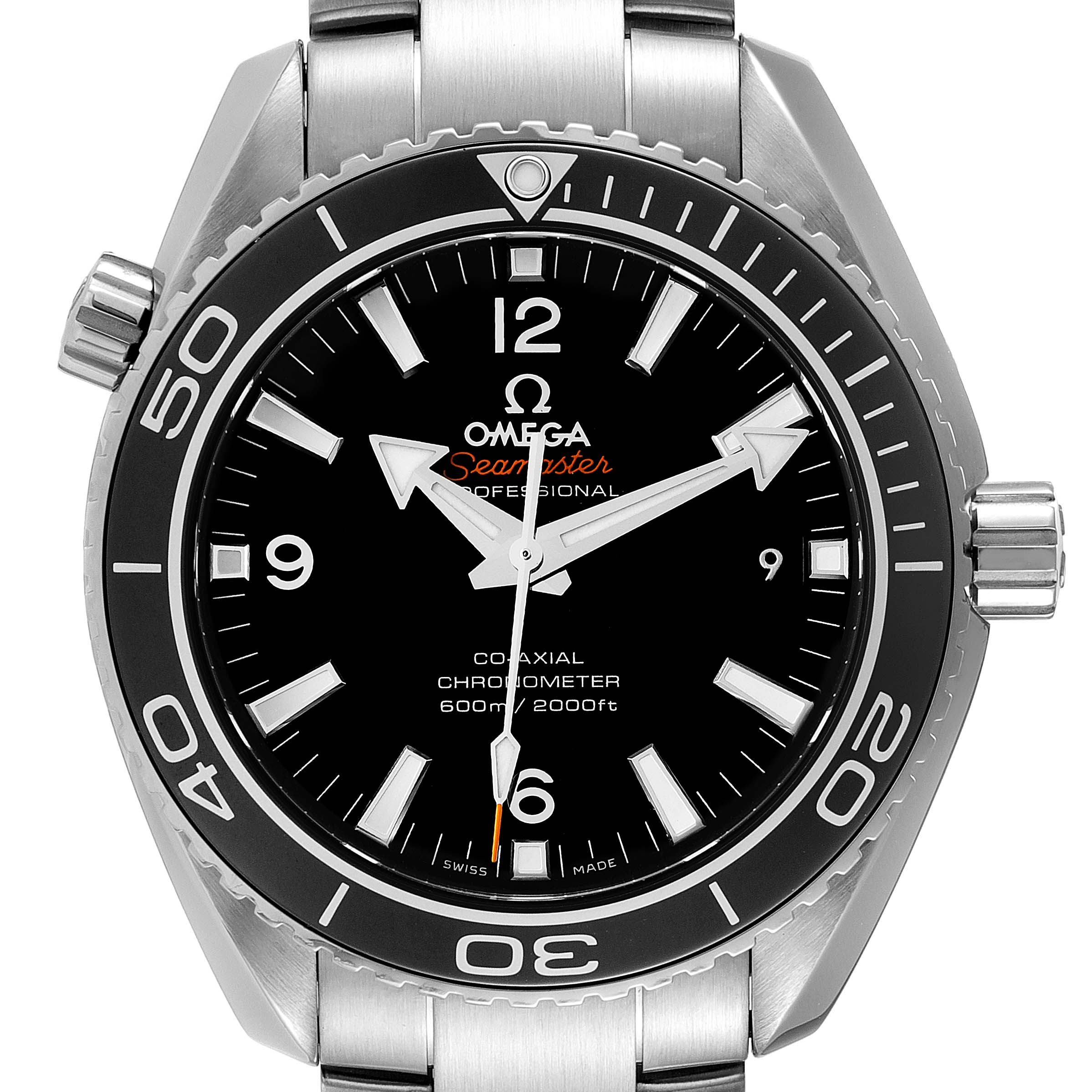 The image shows a front view of the Omega Planet Ocean 232.30.42.21.01.001 Men
s Stainless Steel Black Dial 232.30.42.21.01.001 Men
s Stainless Steel Black Dial watch, highlighting the bezel, dial, hands, and part of the bracelet.