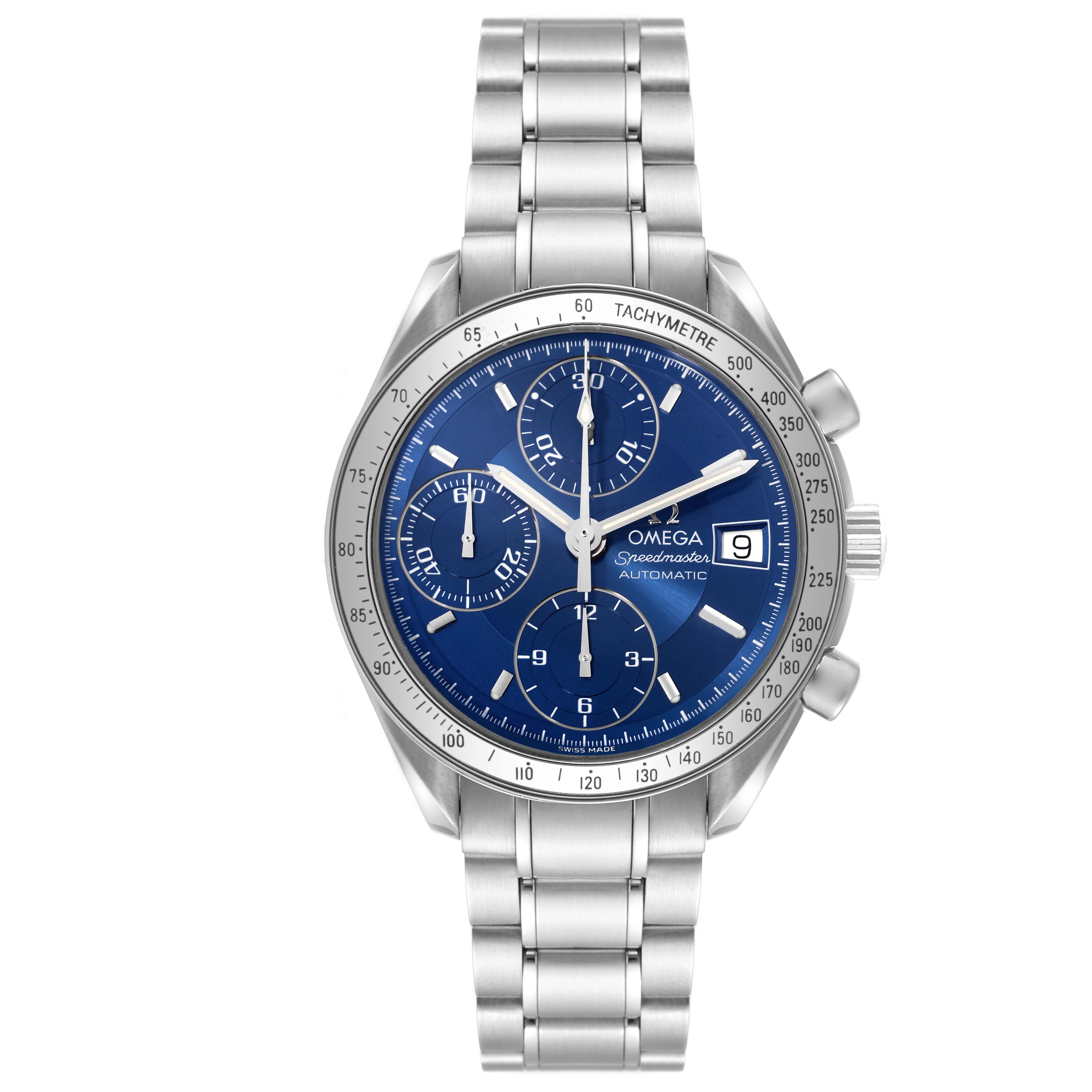 This image shows a front view of the Omega Speedmaster 3513.80.00 Men
s Stainless Steel Blue Dial 3513.80.00 Men
s Stainless Steel Blue Dial watch, highlighting the blue dial, tachymeter bezel, sub-dials, and date window.