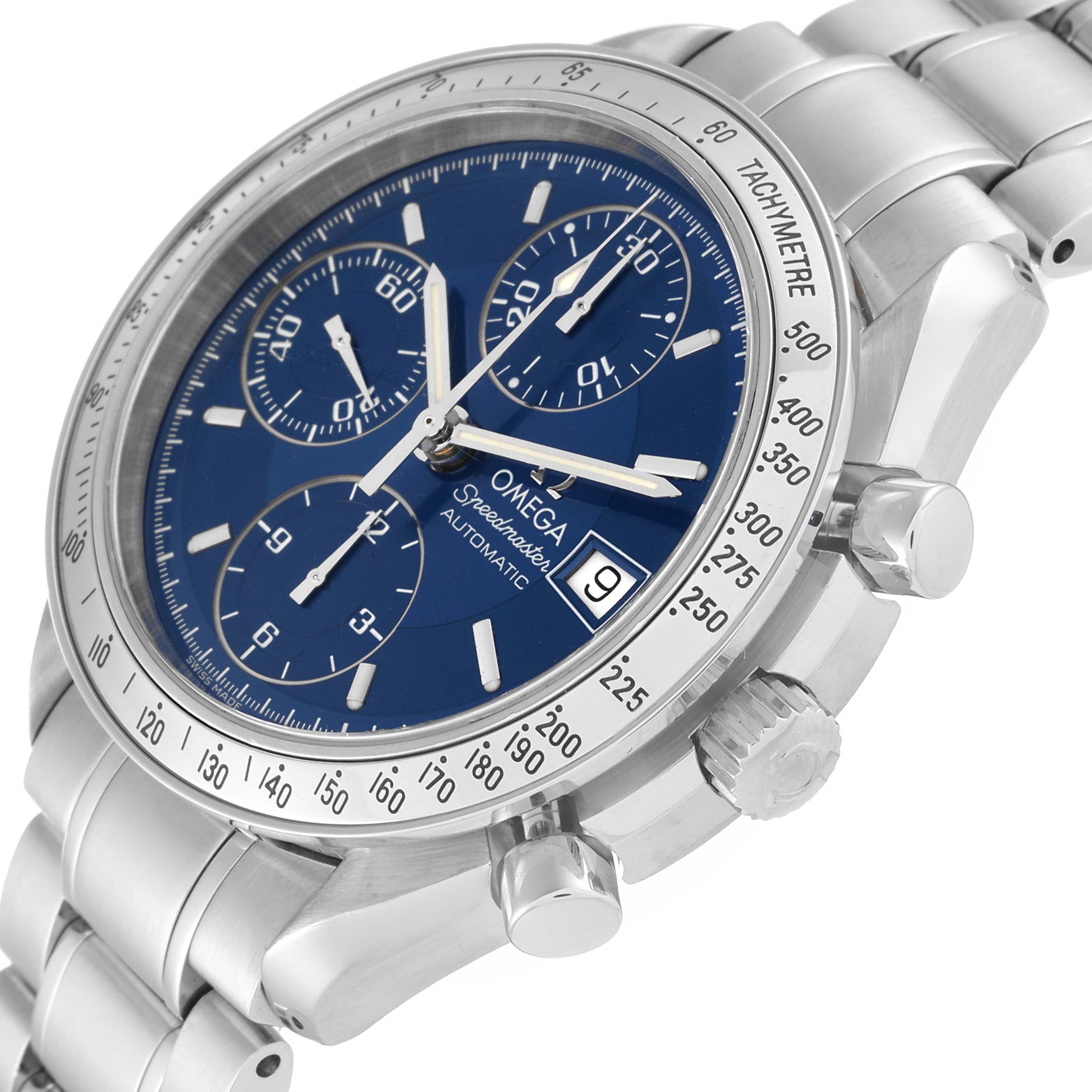 The image shows a side angle view of the Omega Speedmaster 3513.80.00 Men
s Stainless Steel Blue Dial 3513.80.00 Men
s Stainless Steel Blue Dial watch, highlighting its blue dial and stainless-steel bracelet.