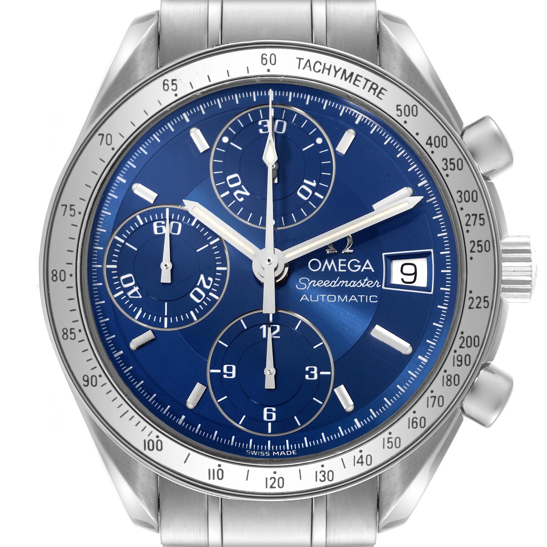 This image shows a close-up, front angle of the Omega Speedmaster 3513.80.00 Men
s Stainless Steel Blue Dial 3513.80.00 Men
s Stainless Steel Blue Dial watch, highlighting its blue dial, chronograph subdials, tachymeter, and date window.