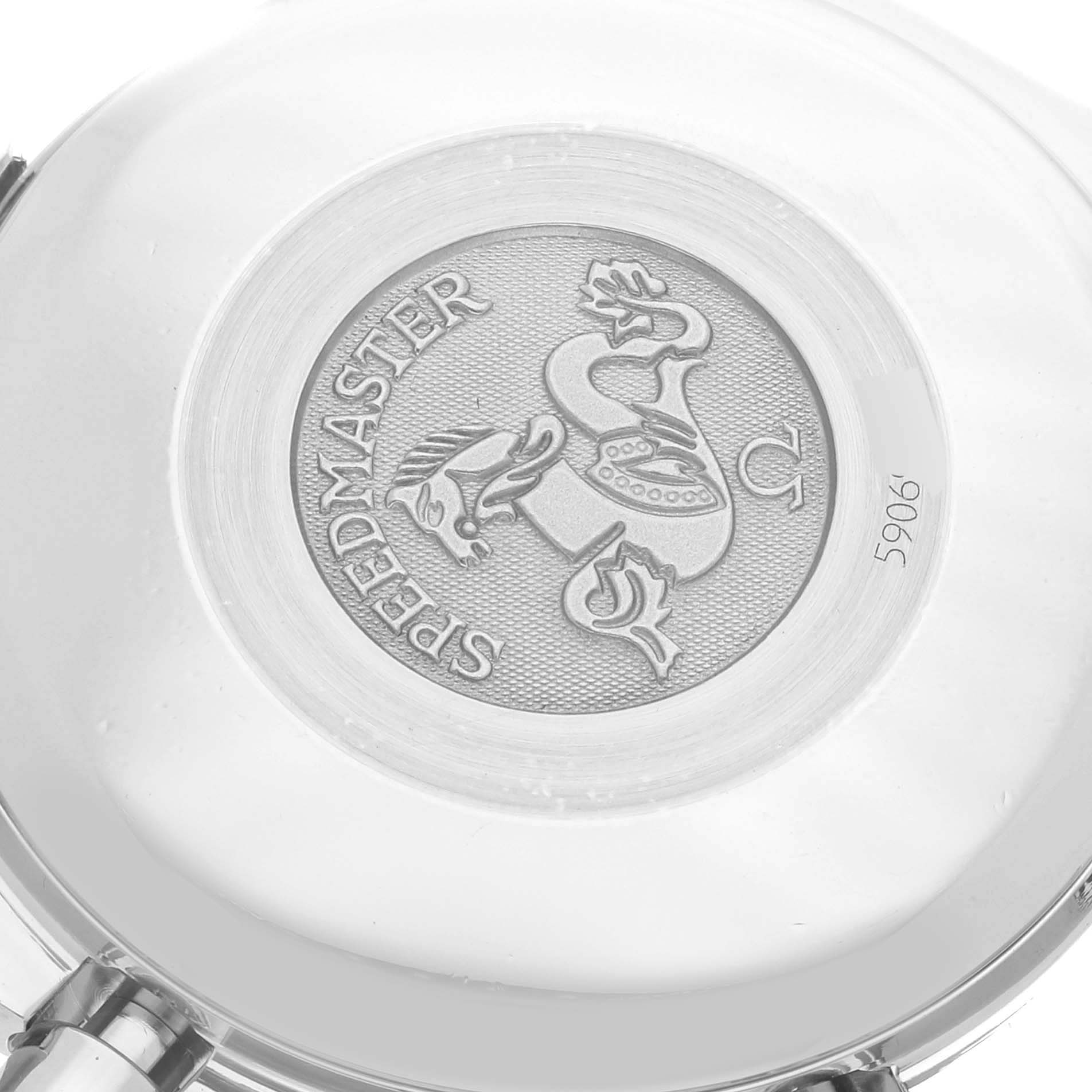 The image shows the back case of an Omega Speedmaster 3513.80.00 Men
s Stainless Steel Blue Dial 3513.80.00 Men
s Stainless Steel Blue Dial watch, featuring its engraved logo and model number.