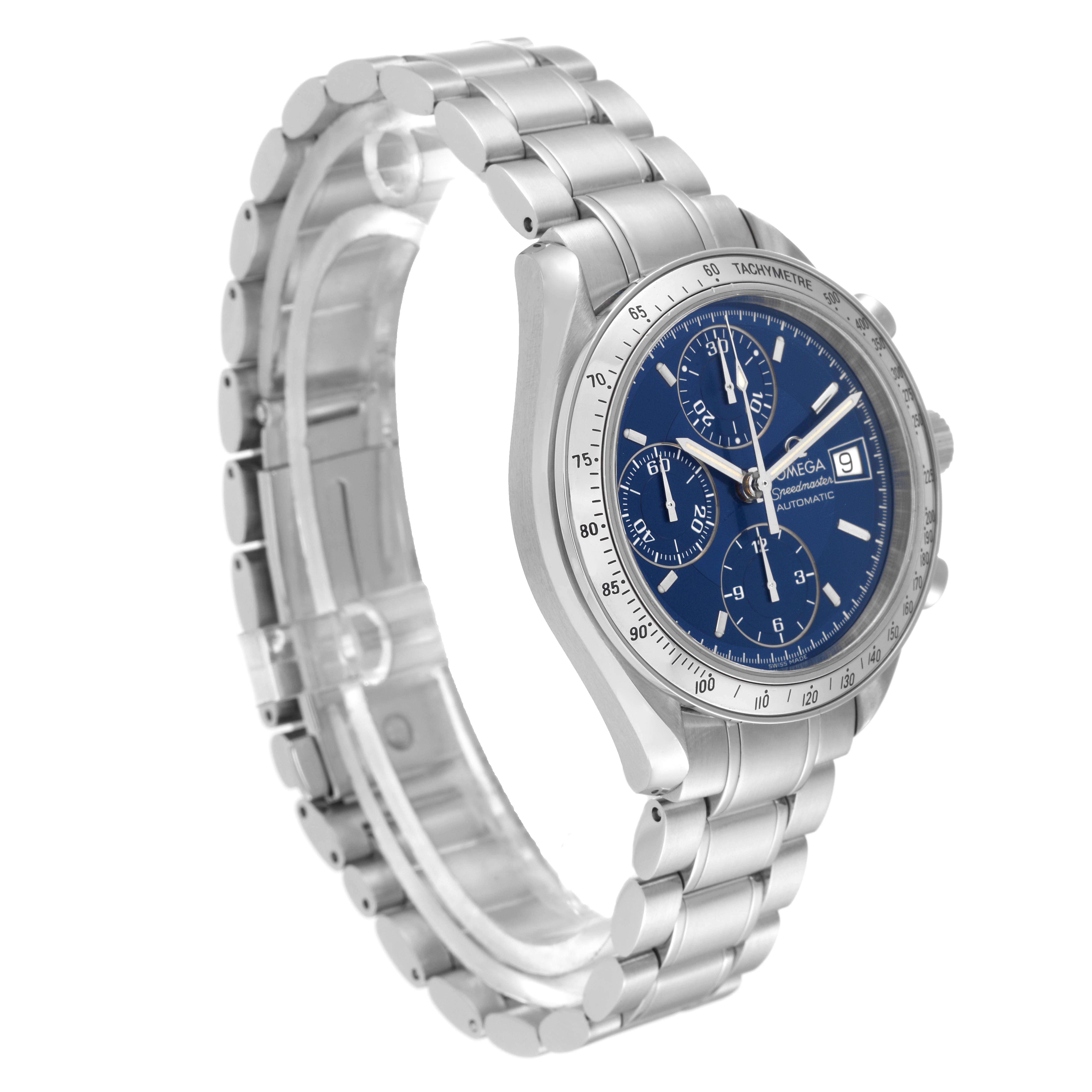 The image shows an Omega Speedmaster 3513.80.00 Men
s Stainless Steel Blue Dial 3513.80.00 Men
s Stainless Steel Blue Dial watch at a three-quarter angle, showcasing its dial, bezel, and metal bracelet.