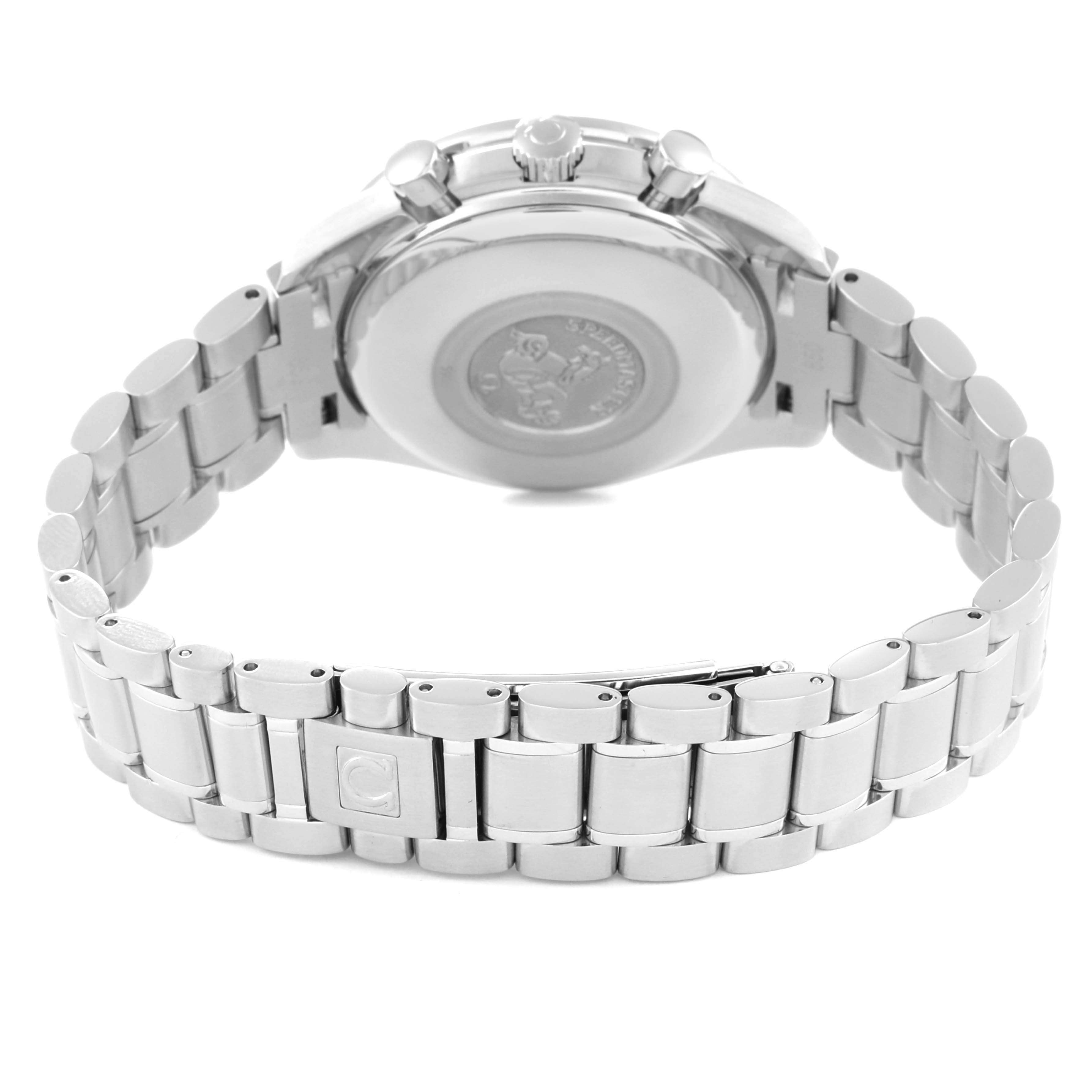 The image shows the back case and metal bracelet of an Omega Speedmaster 3513.80.00 Men
s Stainless Steel Blue Dial 3513.80.00 Men
s Stainless Steel Blue Dial watch.