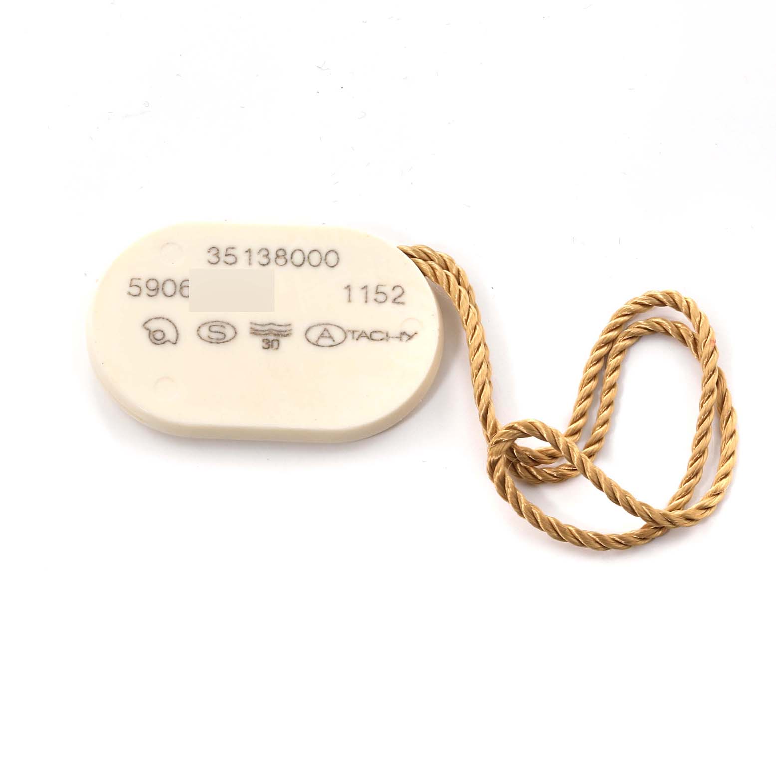 The image shows a white Omega Speedmaster 3513.80.00 Men
s Stainless Steel Blue Dial 3513.80.00 Men
s Stainless Steel Blue Dial model tag with a golden string, displaying various reference numbers and icons.