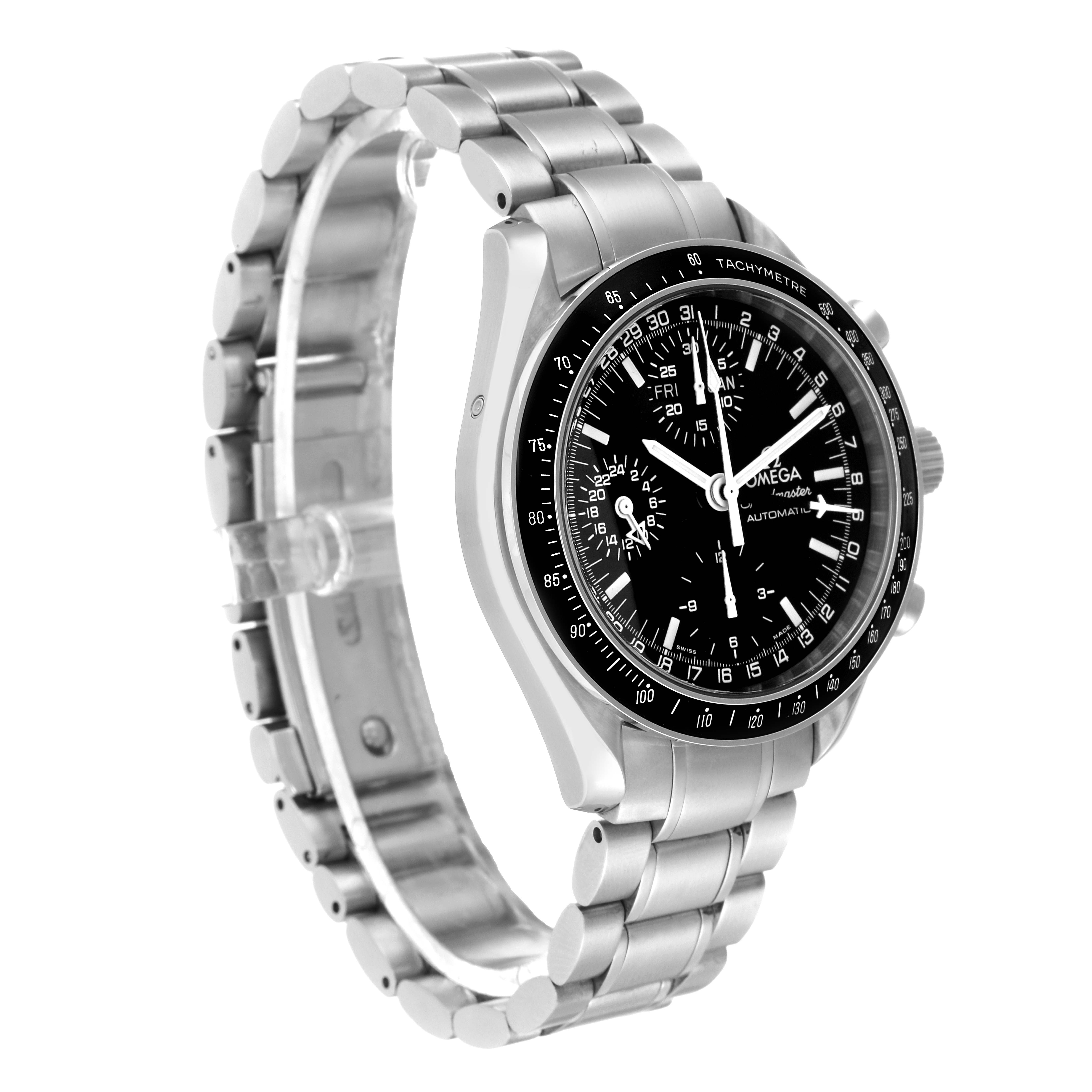 The image shows a side angle of an Omega Speedmaster 3520.50.00 Men's Stainless Steel Black Dial 3520.50.00 Men's Stainless Steel Black Dial watch highlighting the bracelet, case, and dial.