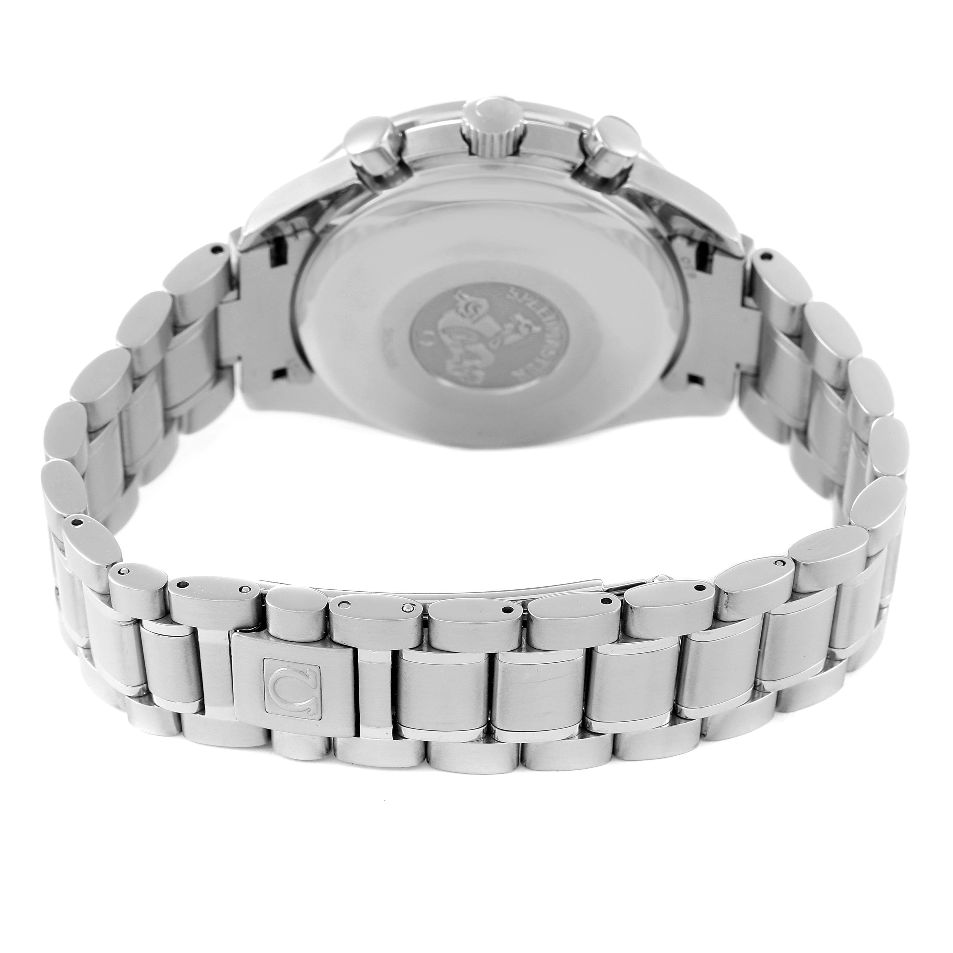 The image shows the back and bracelet of an Omega Speedmaster 3520.50.00 Men's Stainless Steel Black Dial 3520.50.00 Men's Stainless Steel Black Dial watch at a rear angle.