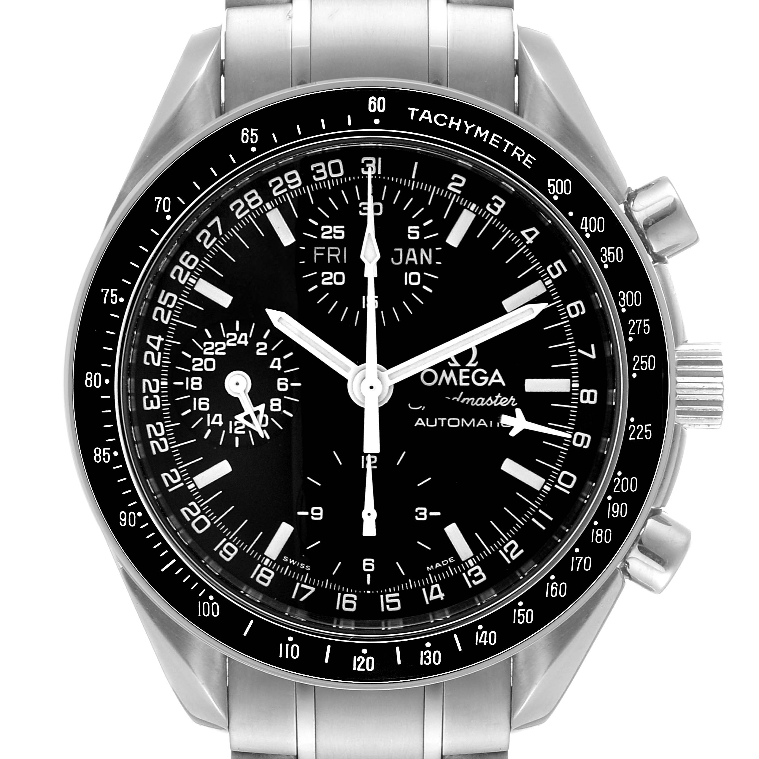 The image shows a front view of the Omega Speedmaster 3520.50.00 Men's Stainless Steel Black Dial 3520.50.00 Men's Stainless Steel Black Dial watch, displaying its dial, bezel, and bracelet. 