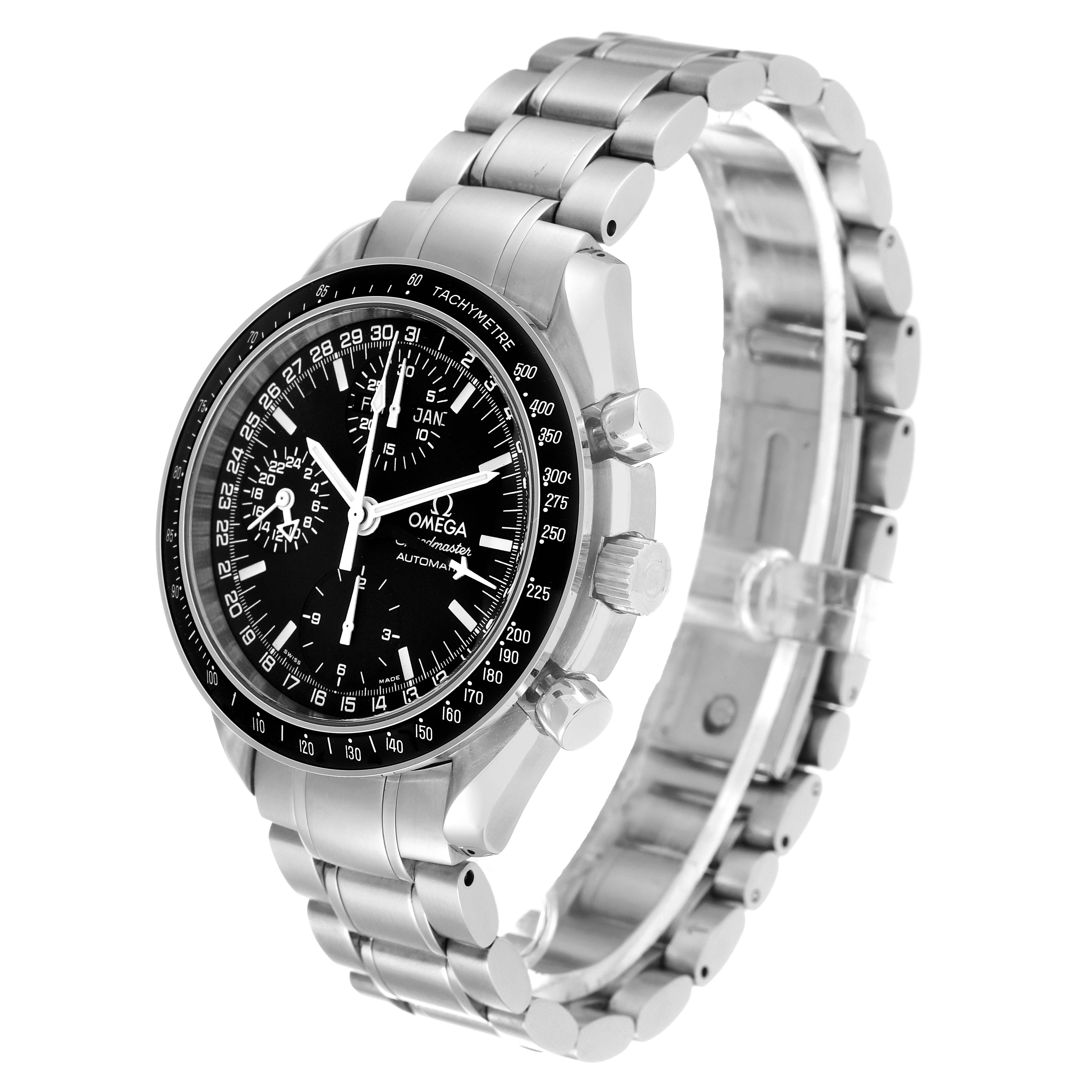 The image shows an angled view of an Omega Speedmaster 3520.50.00 Men's Stainless Steel Black Dial 3520.50.00 Men's Stainless Steel Black Dial watch, highlighting the face, bezel, crown, and stainless steel bracelet.